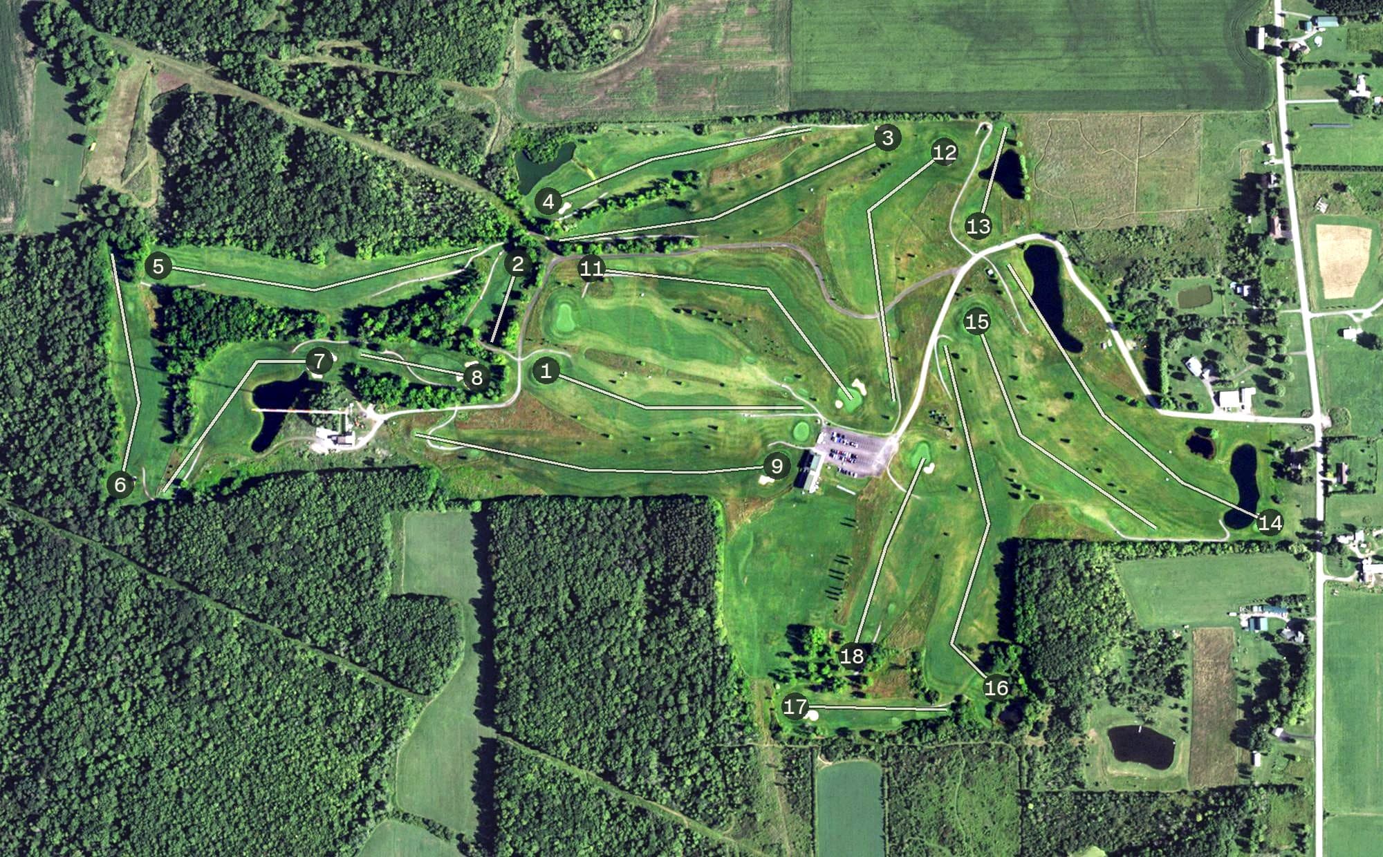 Aerial view of Ironwood Golf Course, NY, with its hole routing marked