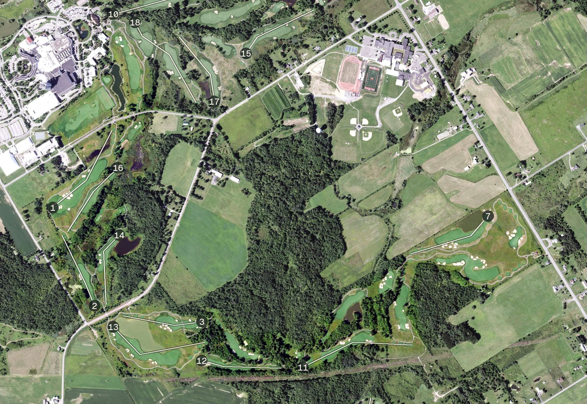 Aerial view of Kaluhyat Golf Course, NY, with its hole routing marked