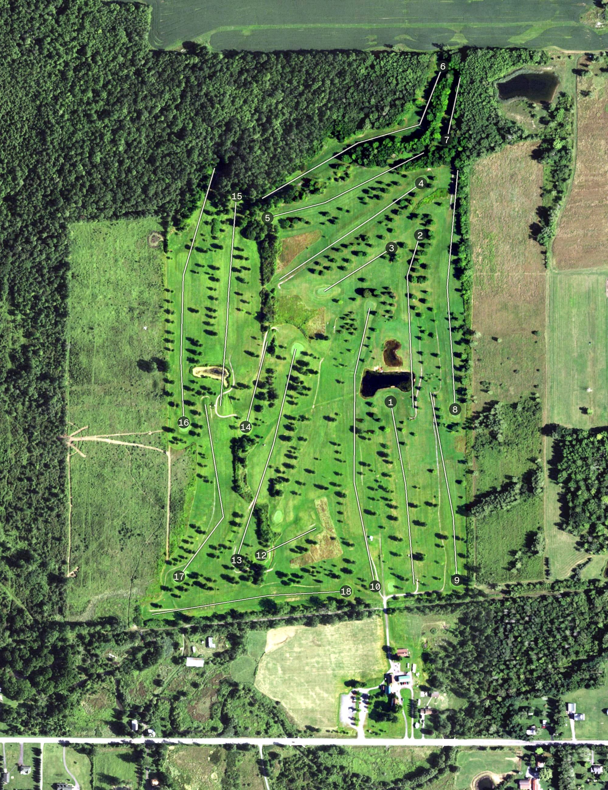 Aerial view of Kis’ N Greens Golf Course, NY, with its hole routing marked