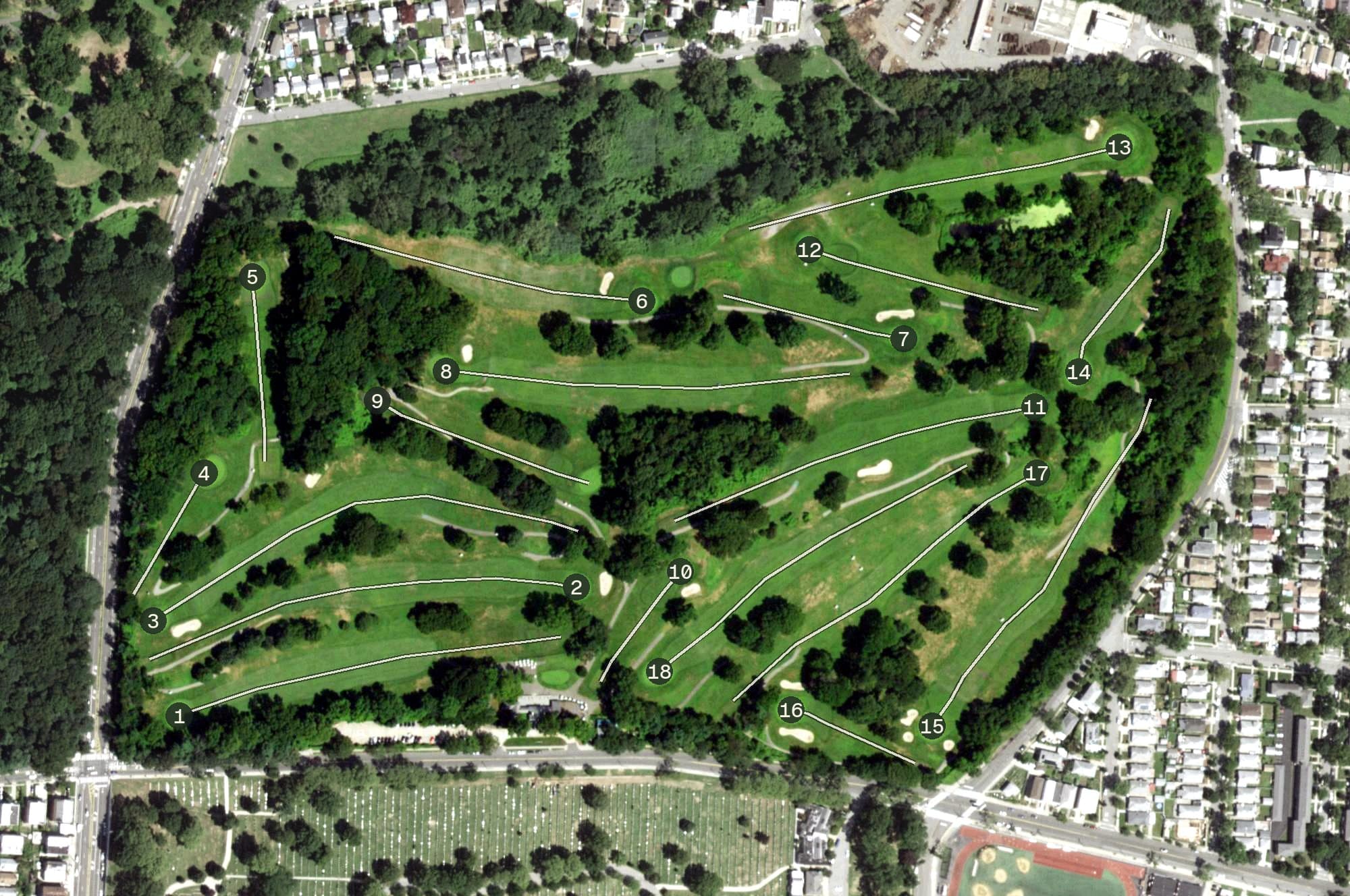 Aerial view of Kissena Golf Course, NY, with its hole routing marked