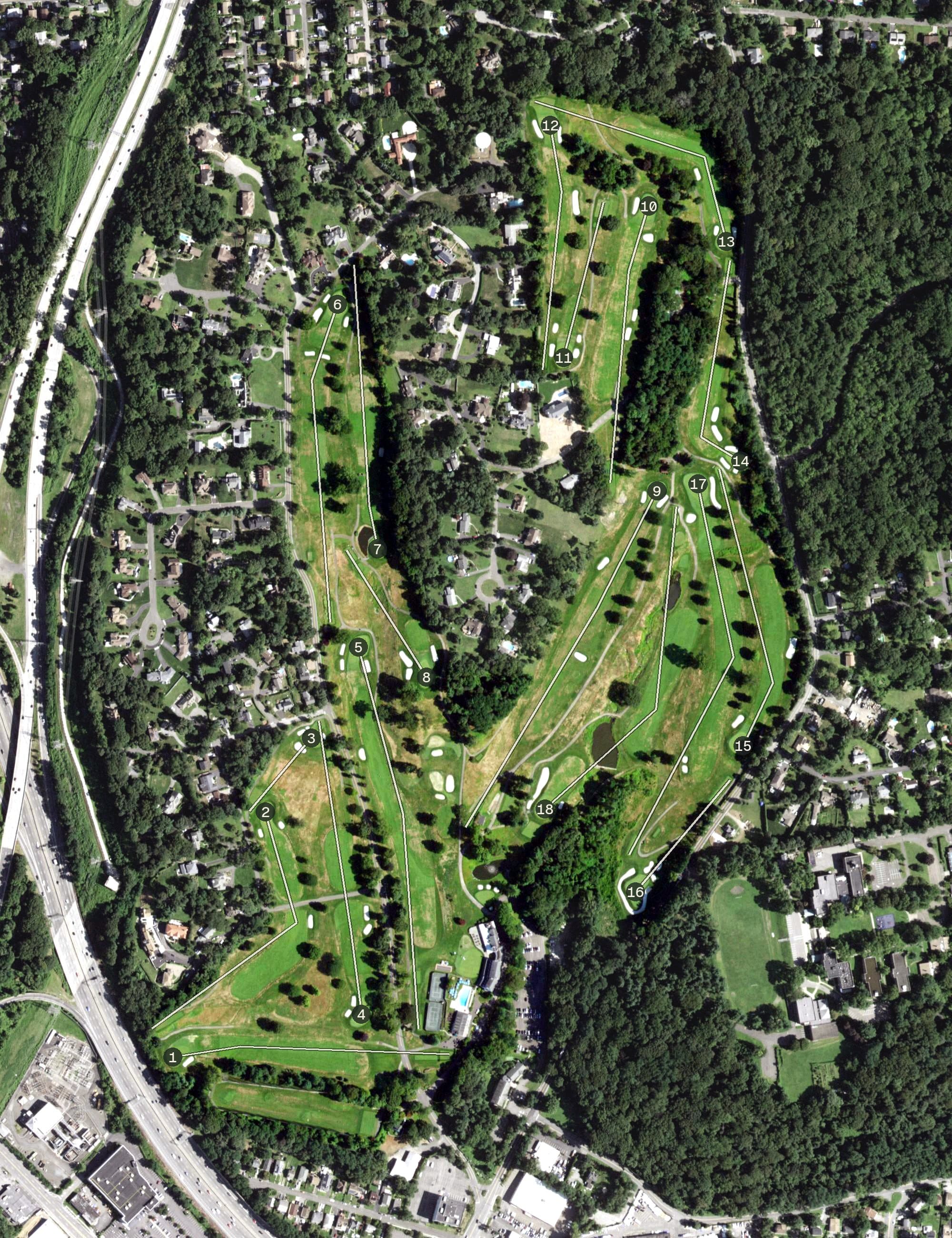 Aerial view of Knollwood Country Club, NY, with its hole routing marked