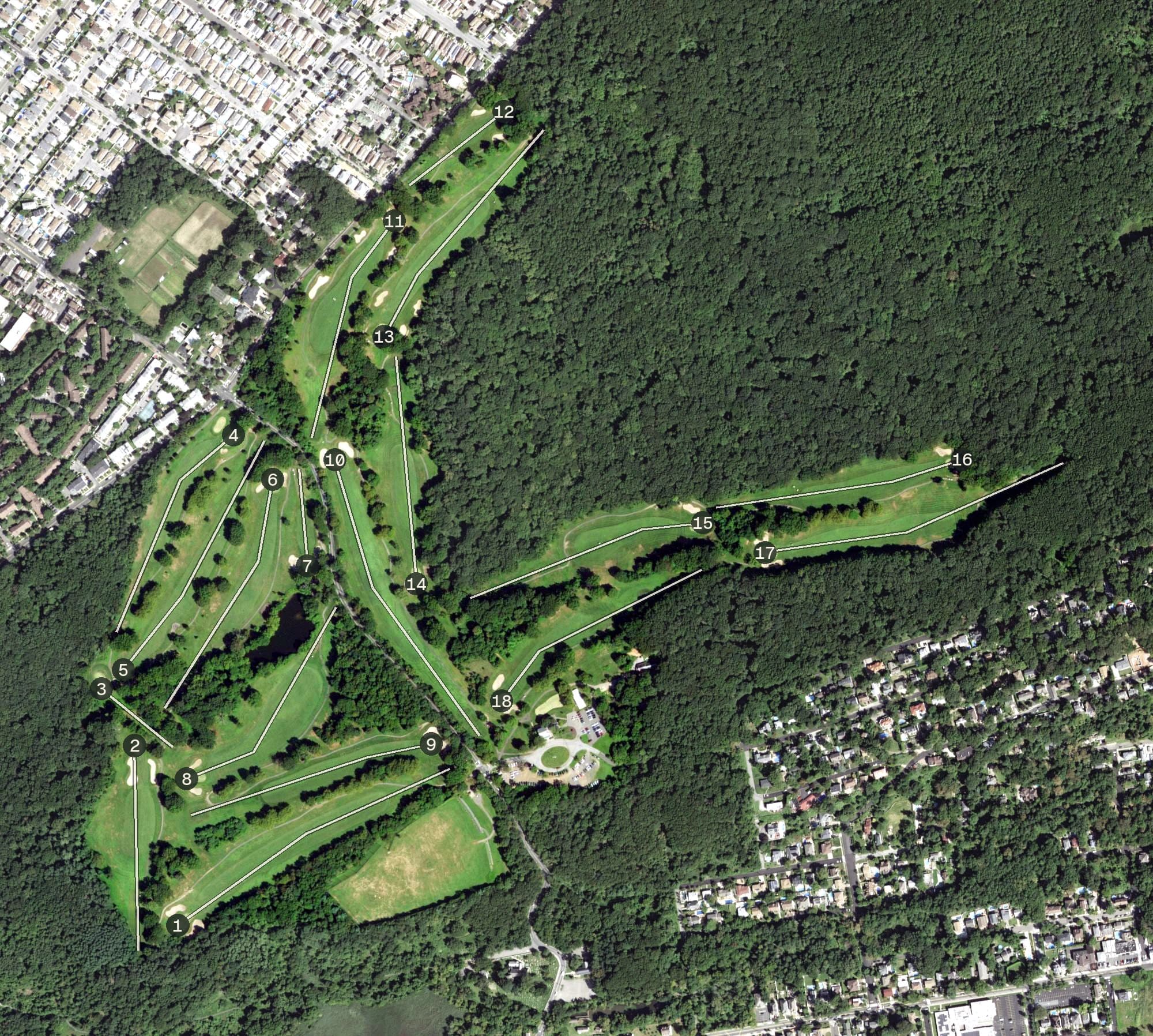Aerial view of La Tourette Golf Course, NY, with its hole routing marked