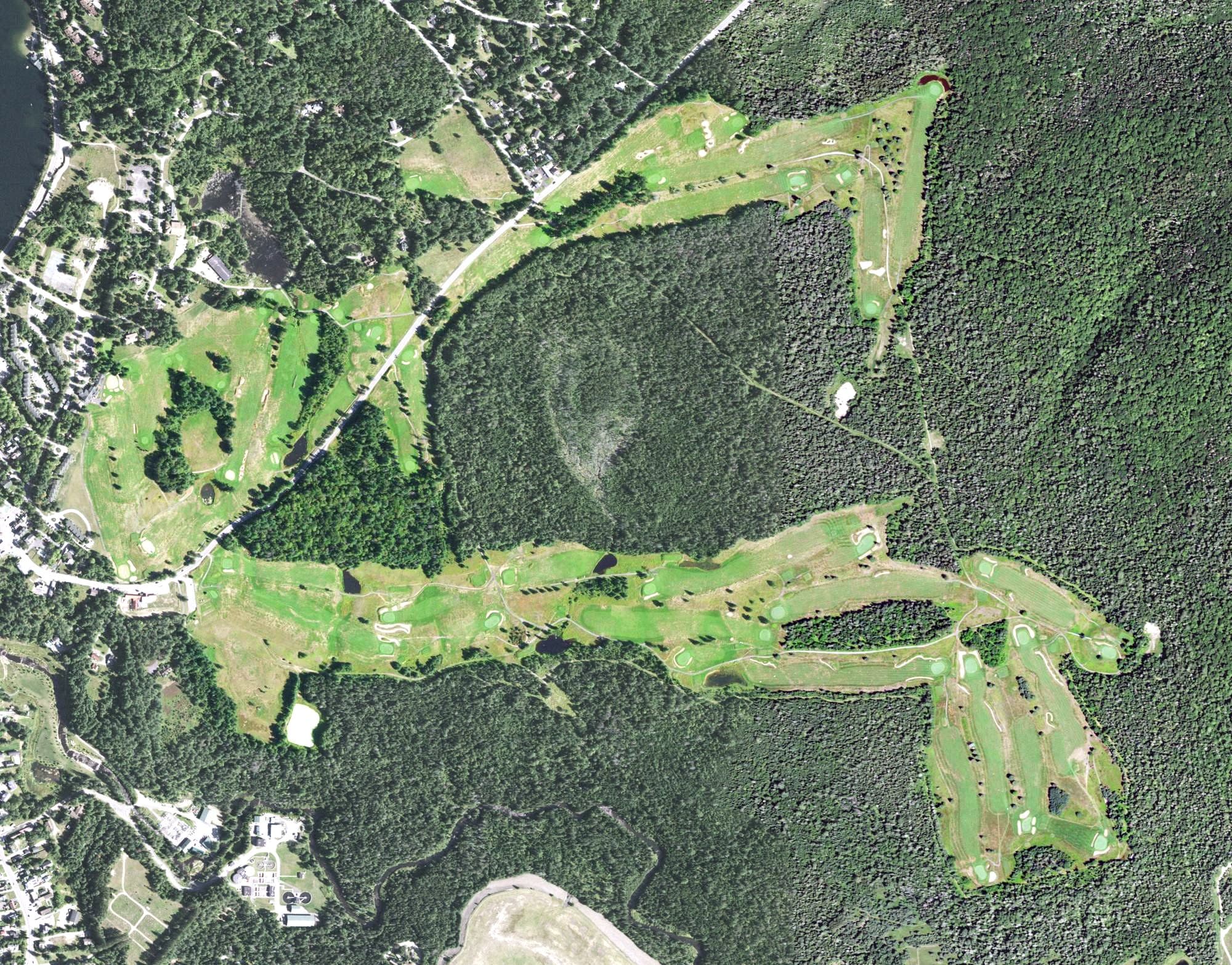 Aerial view of Lake Placid Club Golf Courses, NY, with its hole routing marked