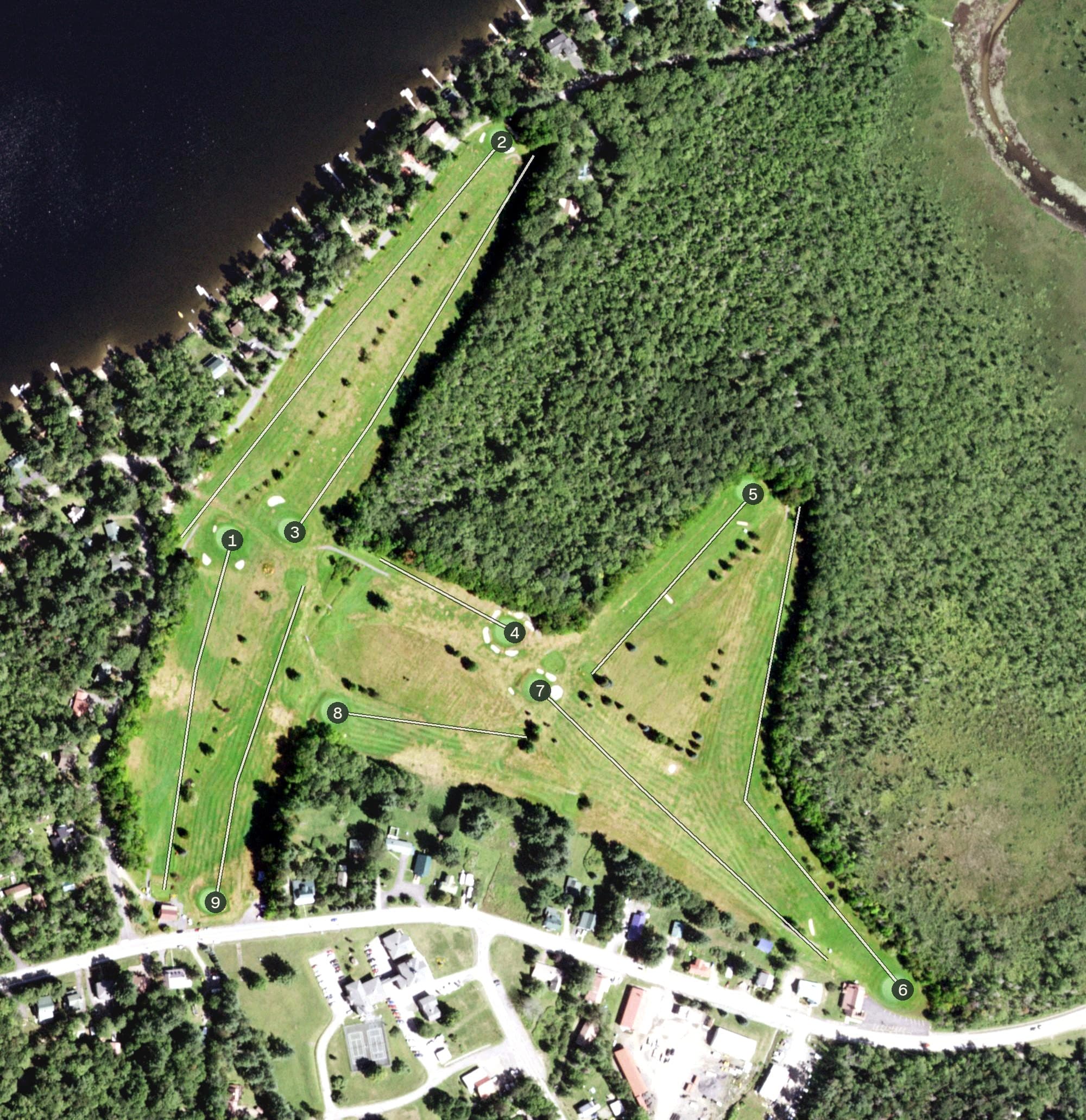 Aerial view of Lake Pleasant Golf Course, NY, with its hole routing marked