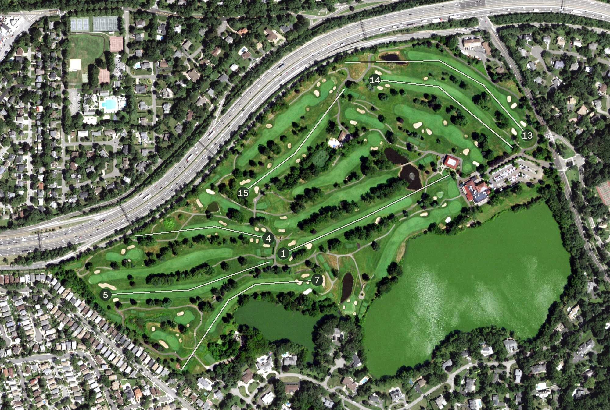 Aerial view of Lake Success Golf Club, NY, with its hole routing marked