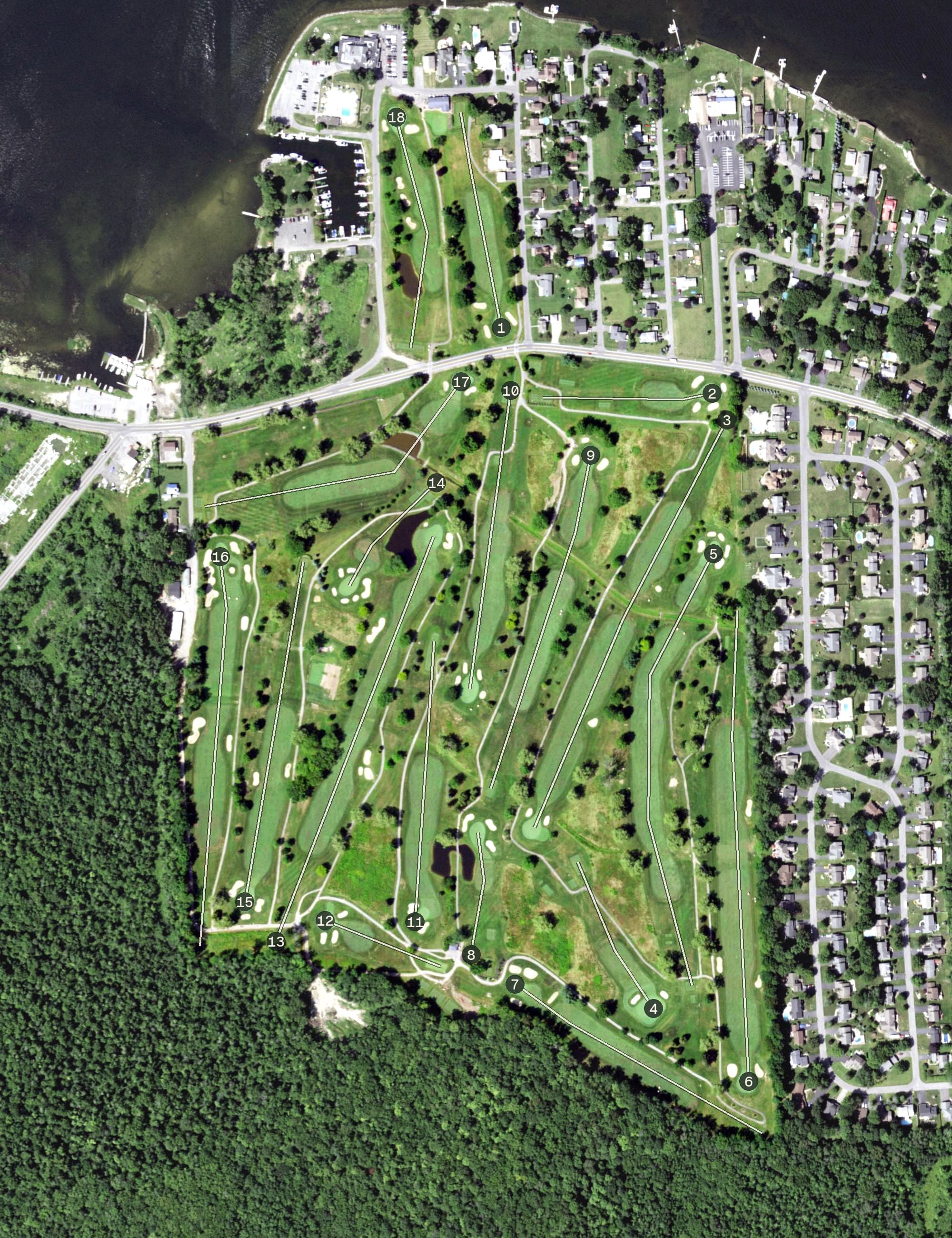 Aerial view of Lakeshore Country Club, NY, with its hole routing marked