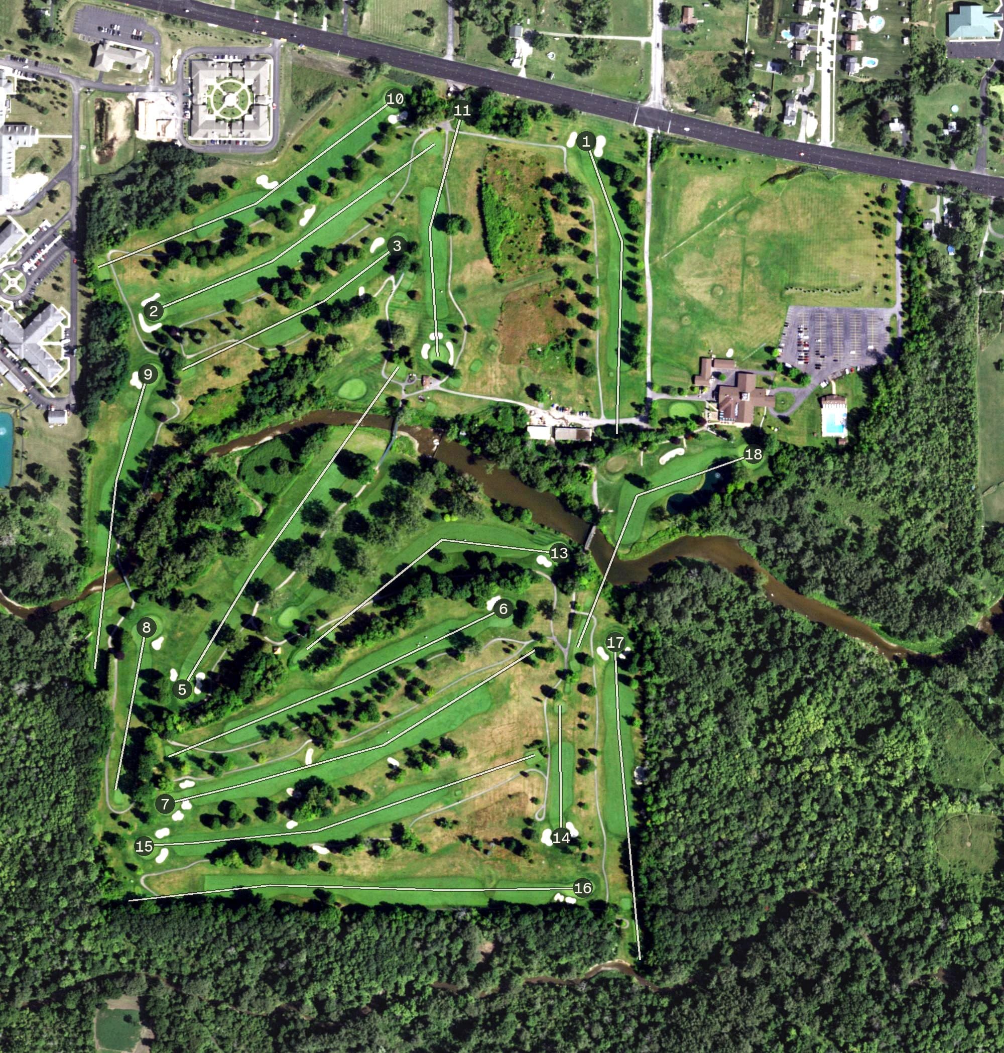 Aerial view of Lancaster Country Club, NY, with its hole routing marked
