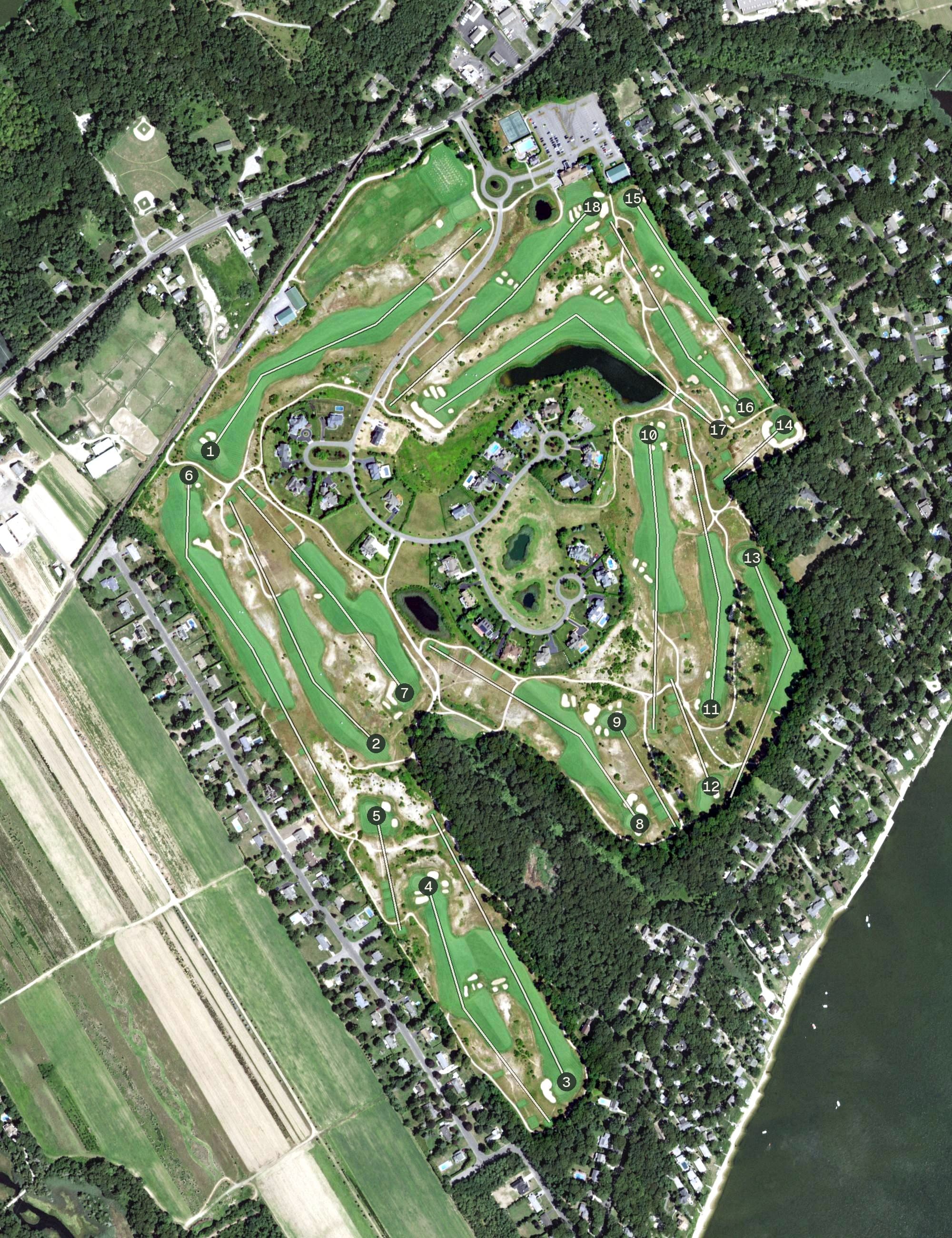 Aerial view of Laurel Links Country Club, NY, with its hole routing marked