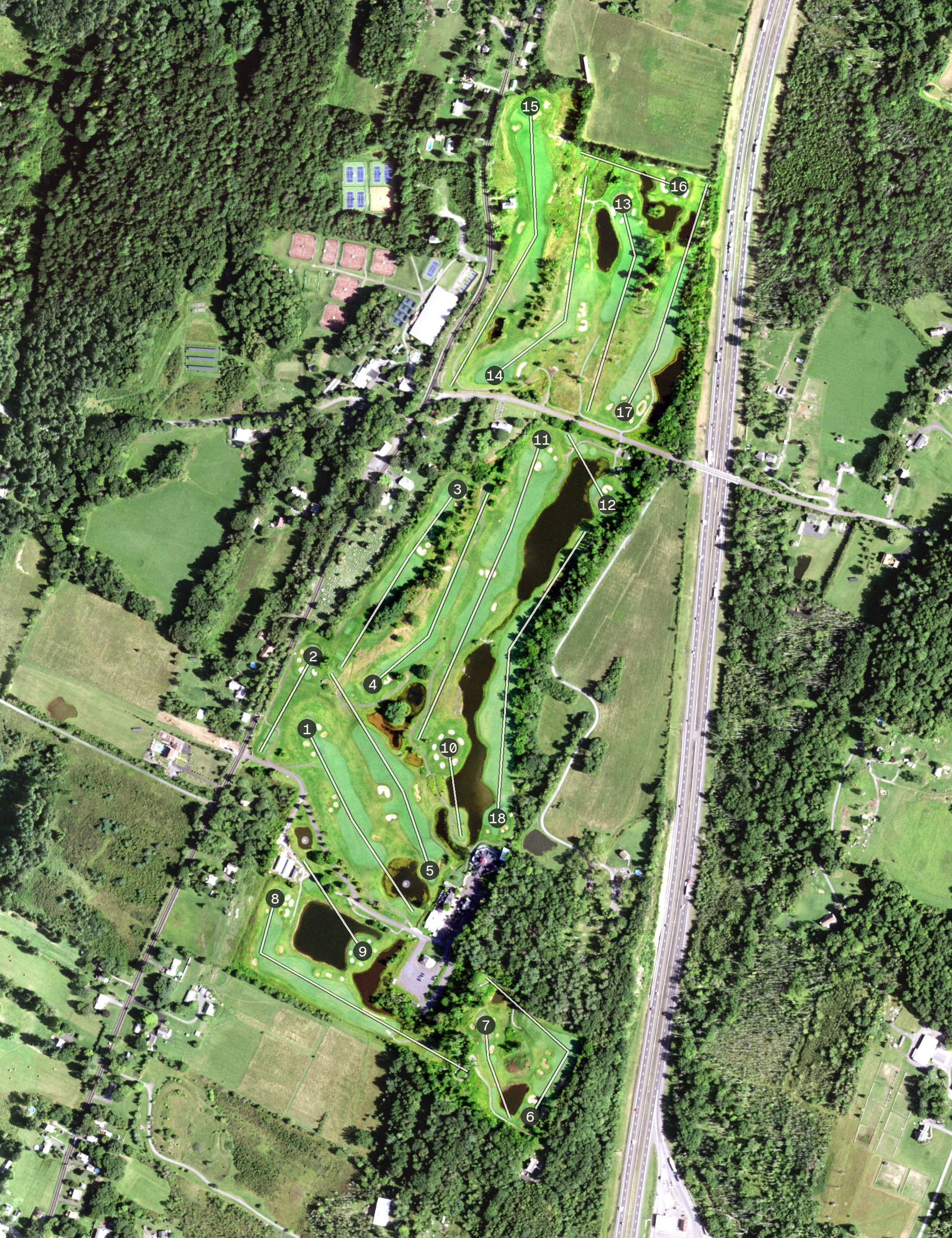 Aerial view of Lazy Swan Golf & Country Club, NY, with its hole routing marked