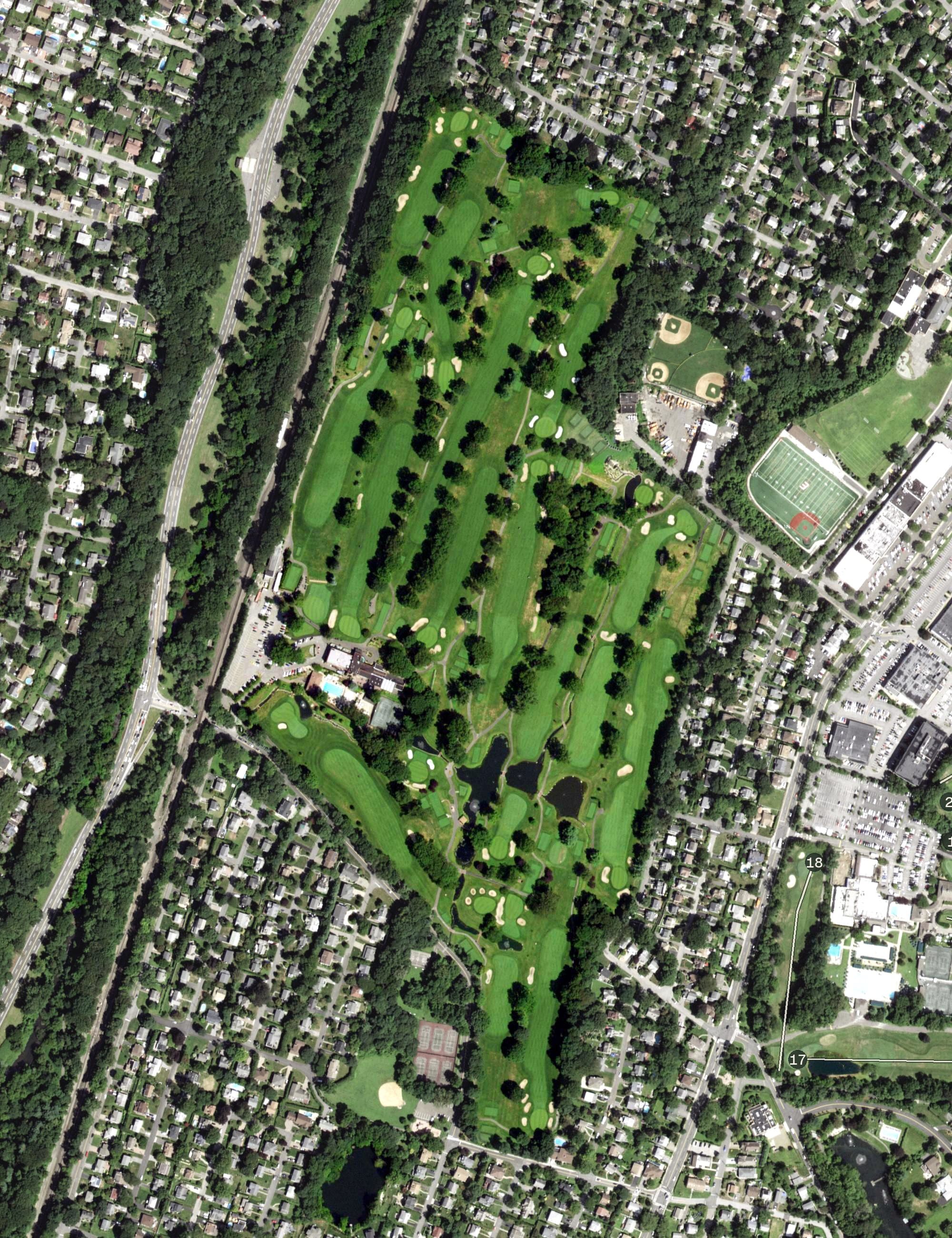 Aerial view of Leewood Golf Club, NY, with its hole routing marked