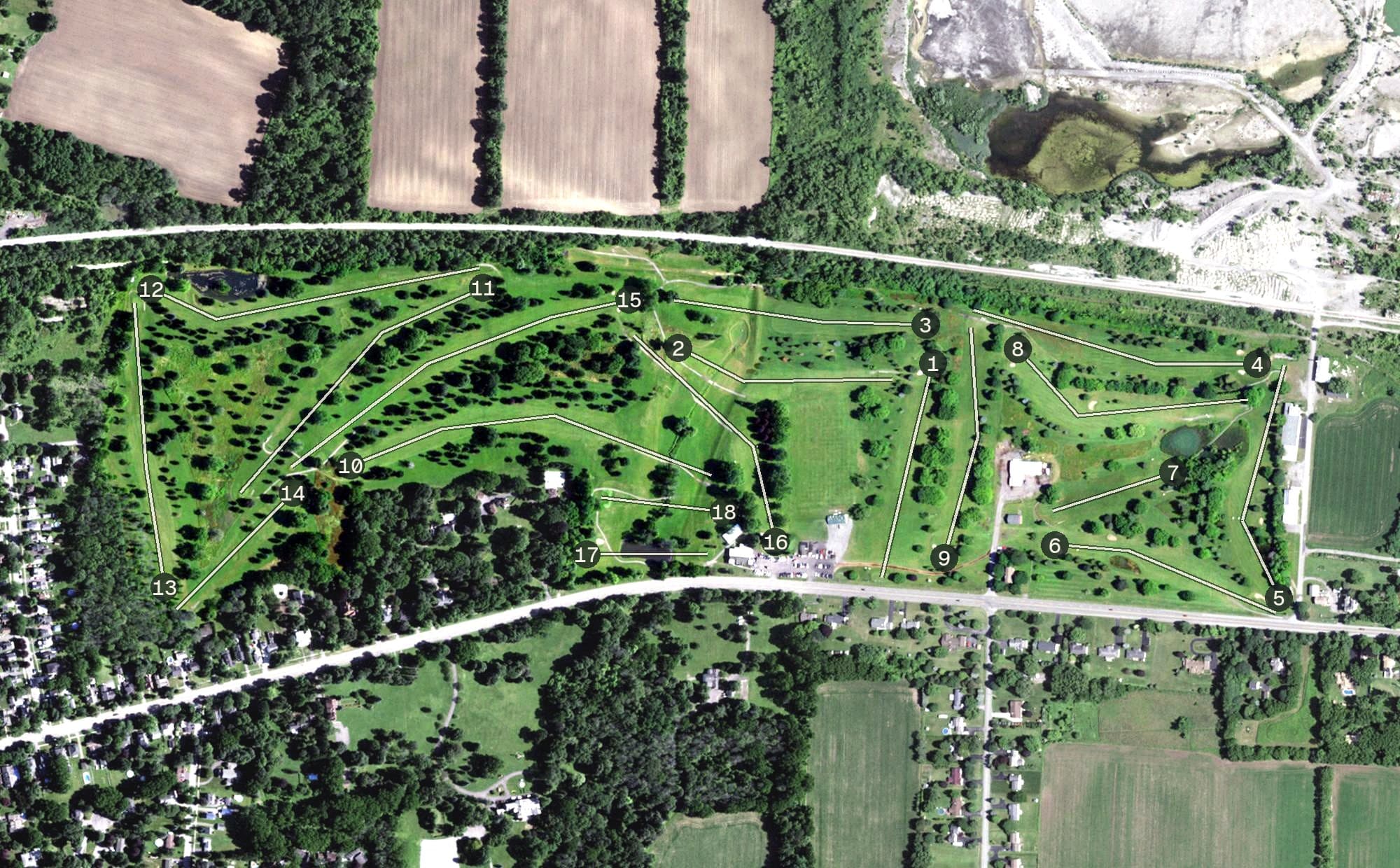 Aerial view of LeRoy Country Club, NY, with its hole routing marked
