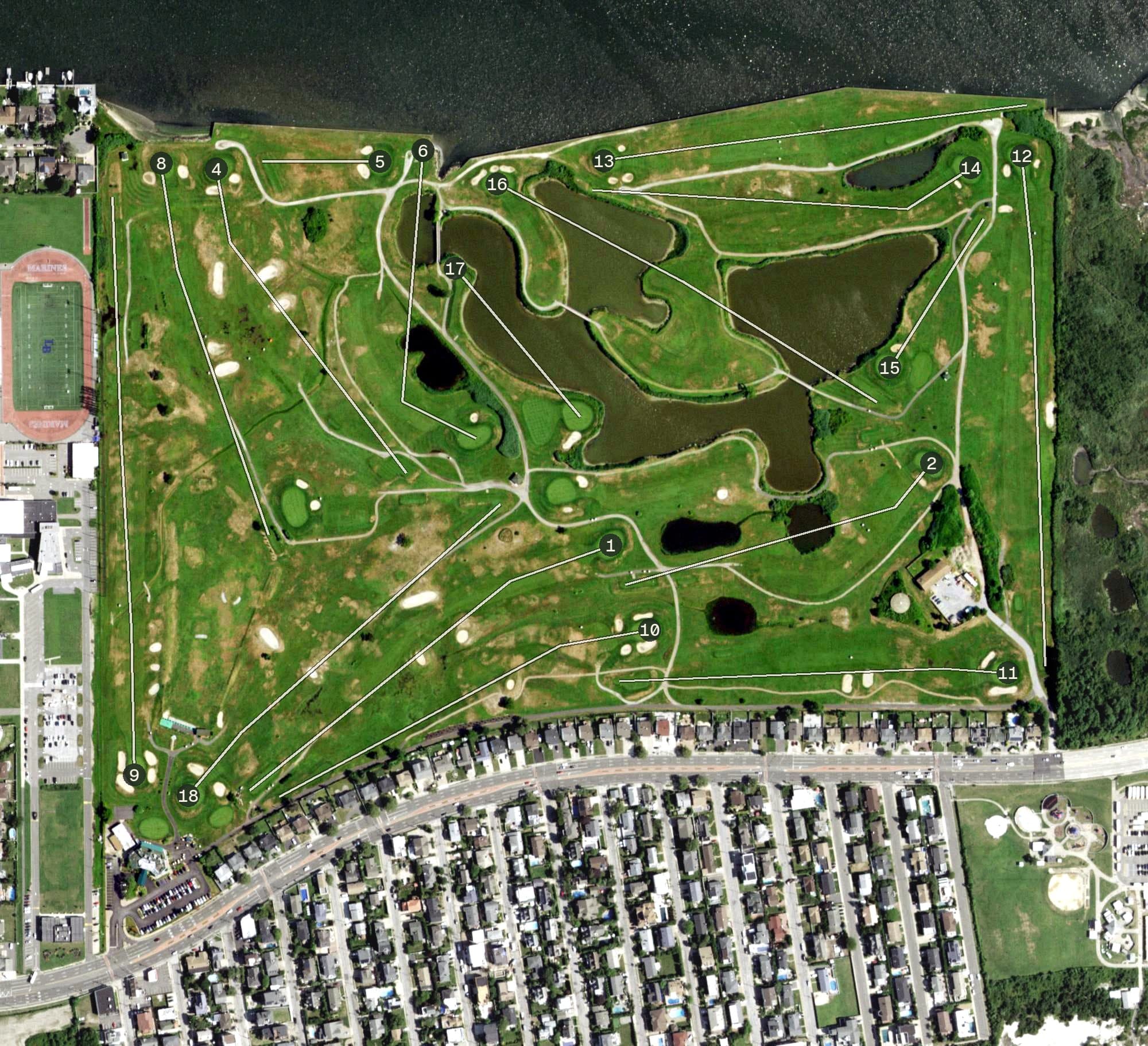 Aerial view of Lido Golf Club, NY, with its hole routing marked