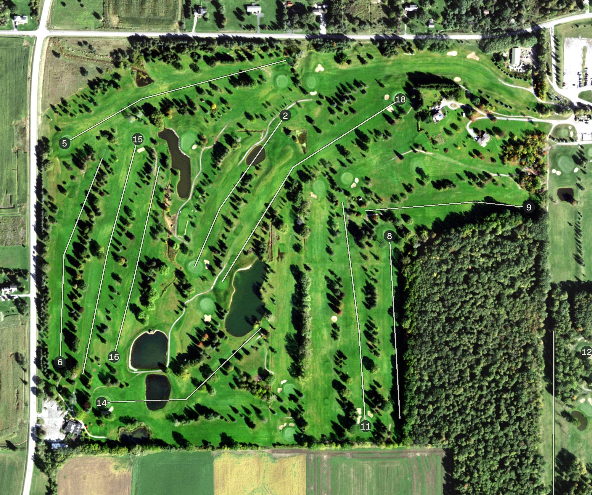 Aerial view of Lima Country Club - Charleston Pines, NY, with its hole routing marked