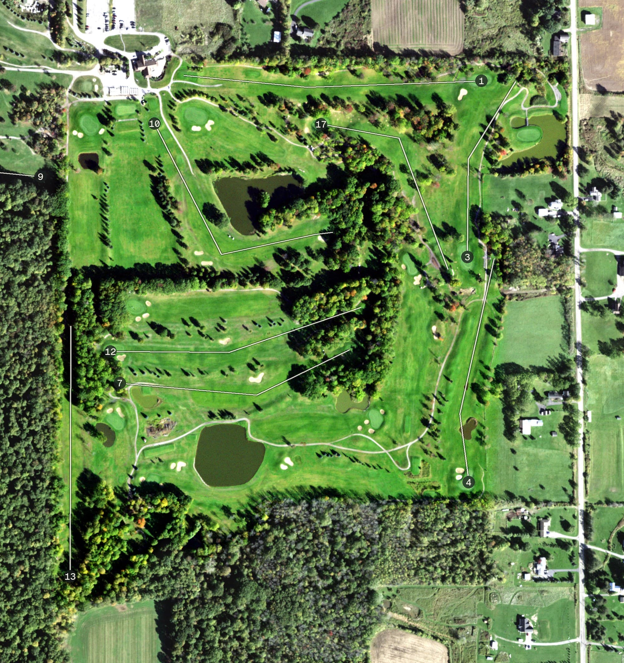 Aerial view of Lima Country Club - Island Oaks, NY, with its hole routing marked