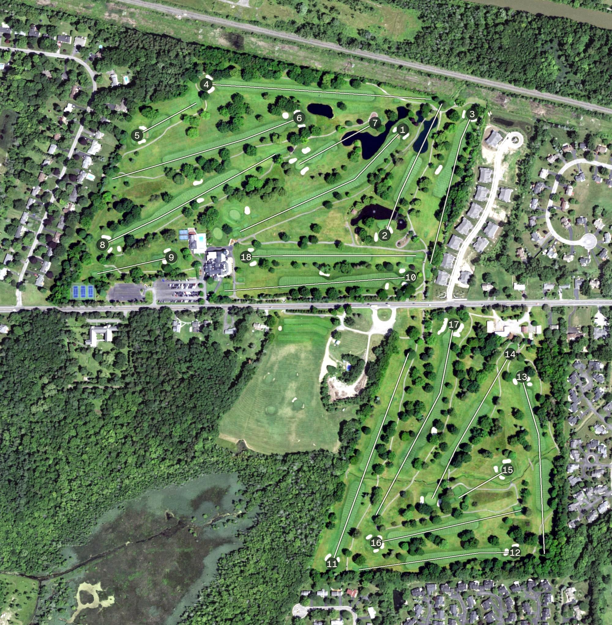 Aerial view of Locust Hill Country Club, NY, with its hole routing marked