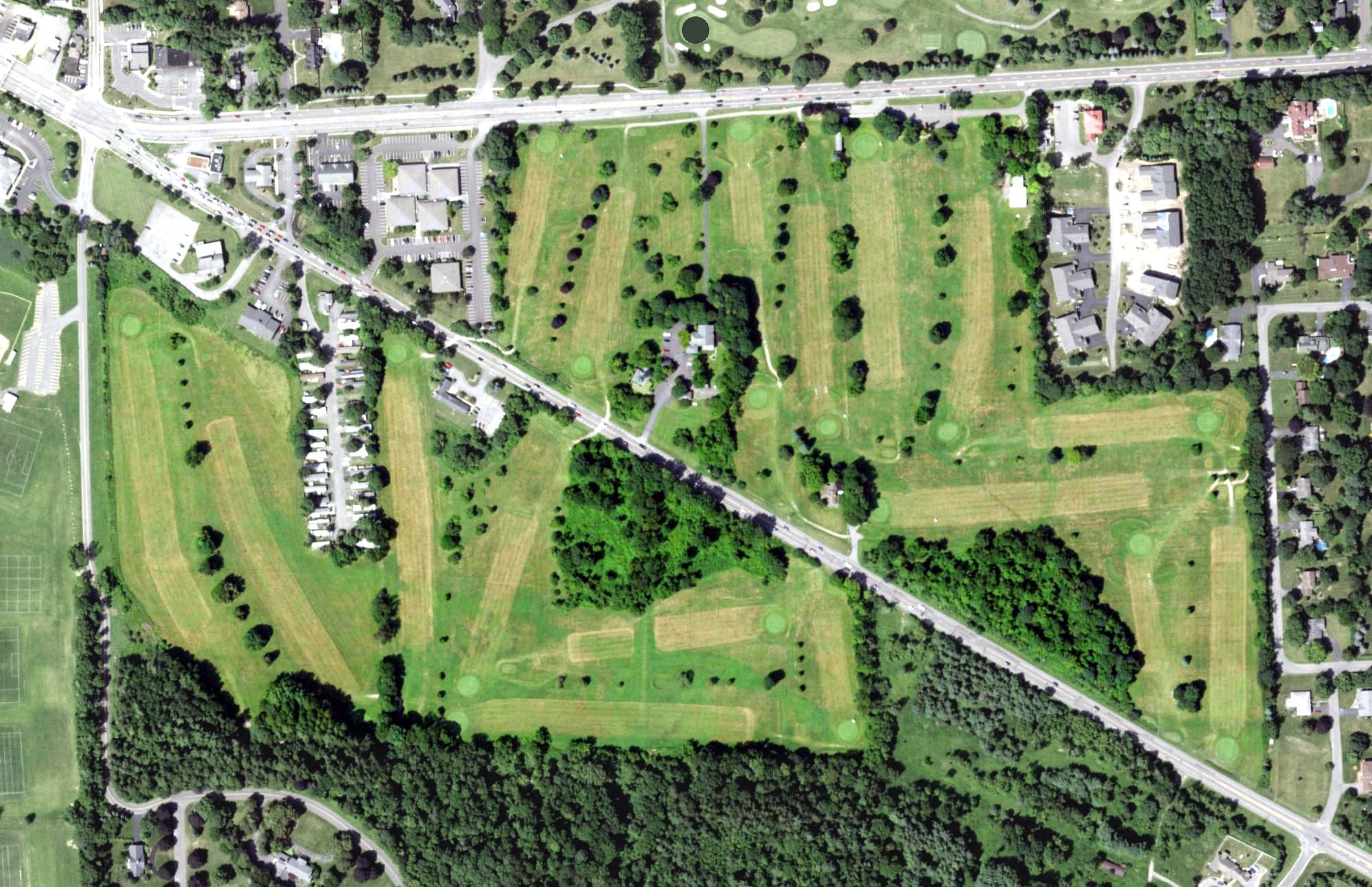 Aerial view of Lyndon Golf Course, NY, with its hole routing marked