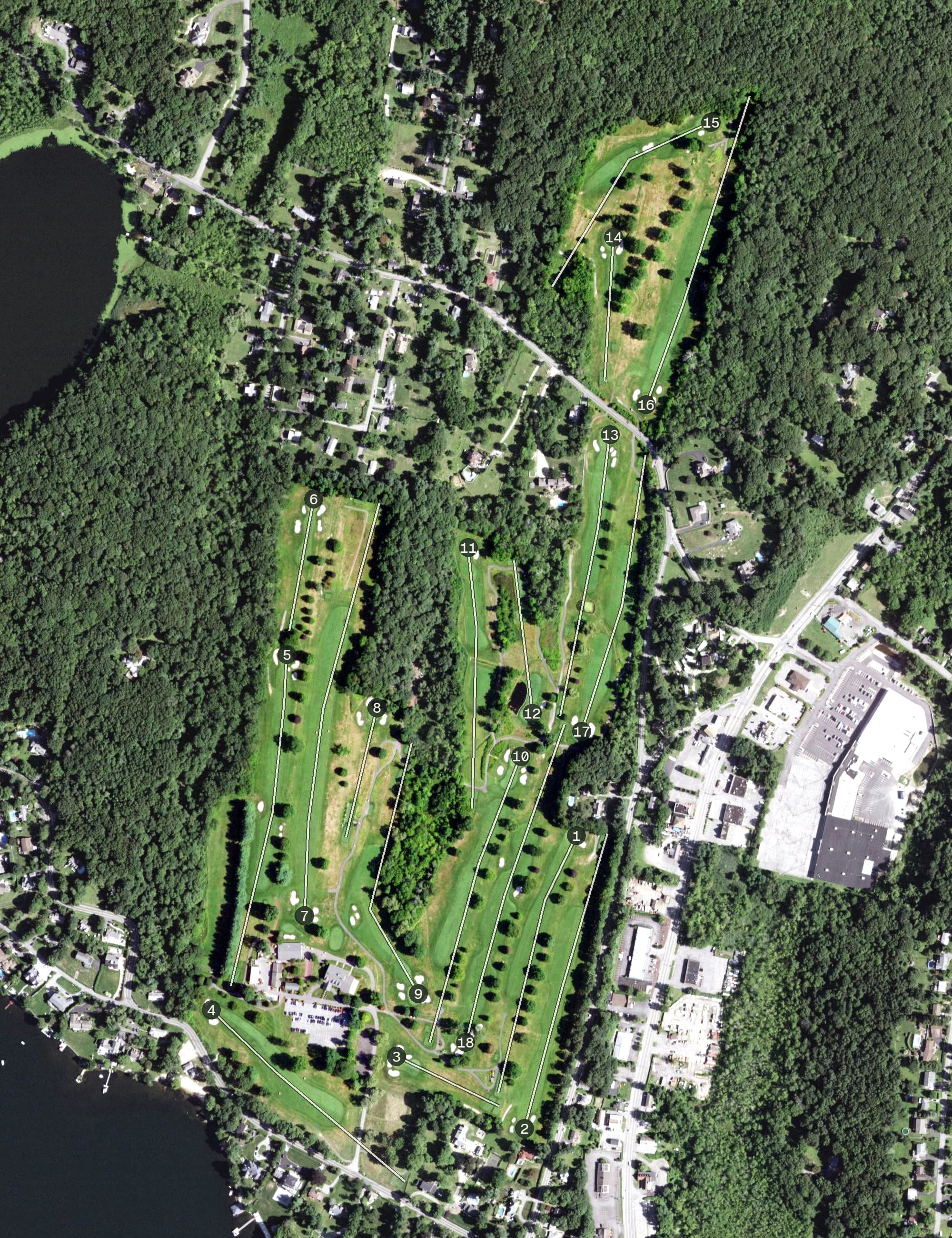 Aerial view of Mahopac Golf and Beach Club, NY, with its hole routing marked