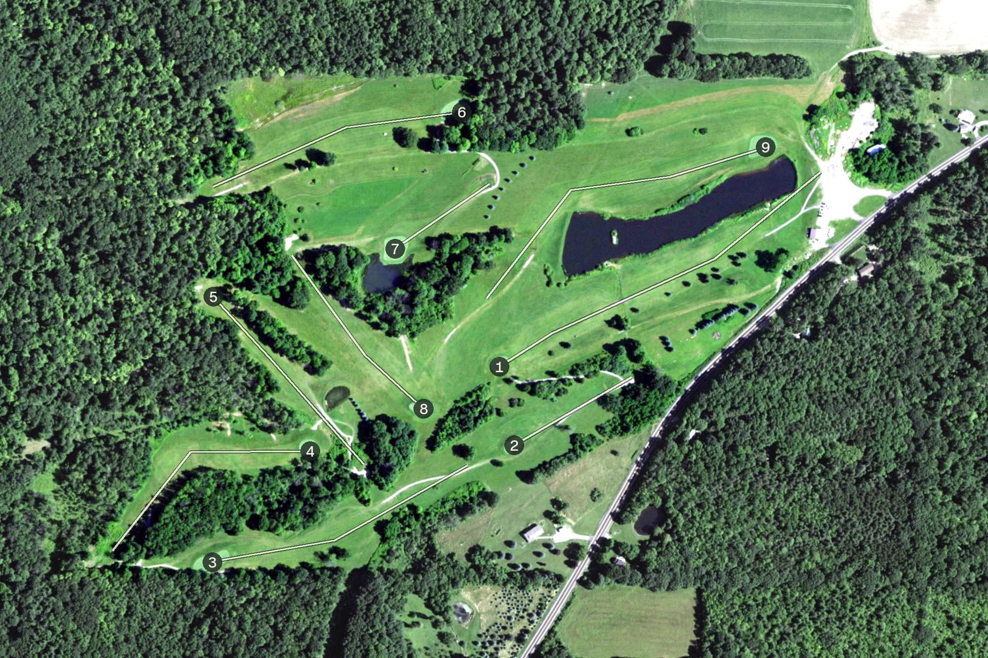Aerial view of Majestic Hills Golf Course, NY, with its hole routing marked