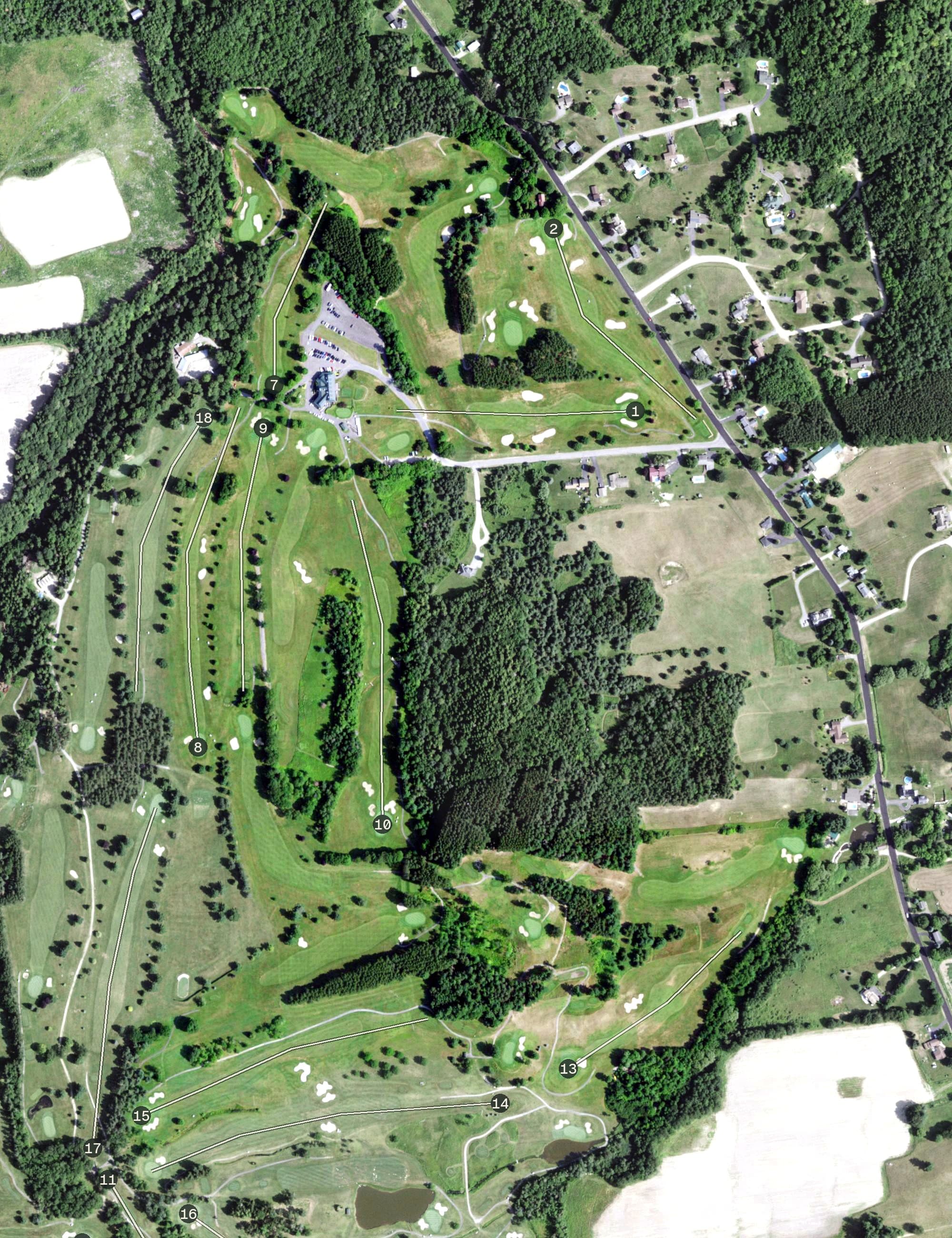 Aerial view of Malone Golf Club (East Course), NY, with its hole routing marked