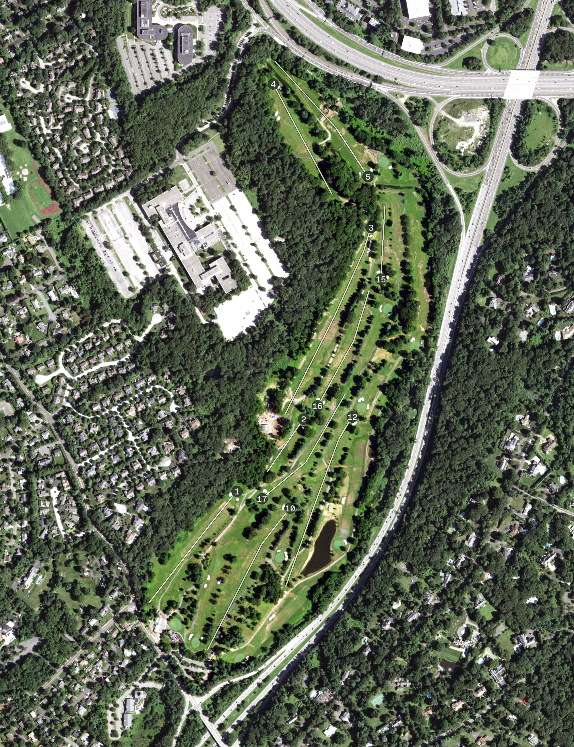 Aerial view of Maple Moor Golf Course, NY, with its hole routing marked