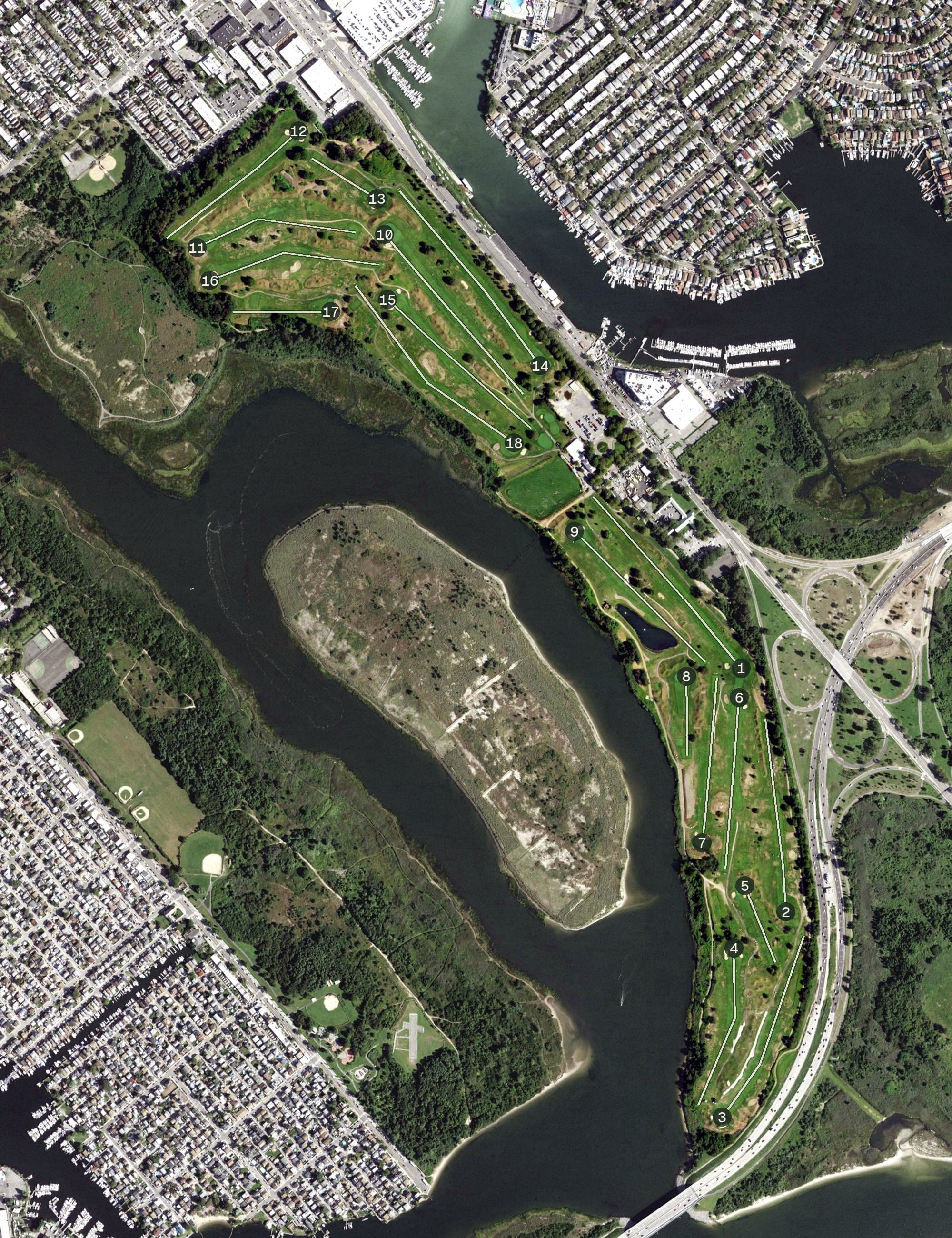 Aerial view of Marine Park Golf Course, NY, with its hole routing marked