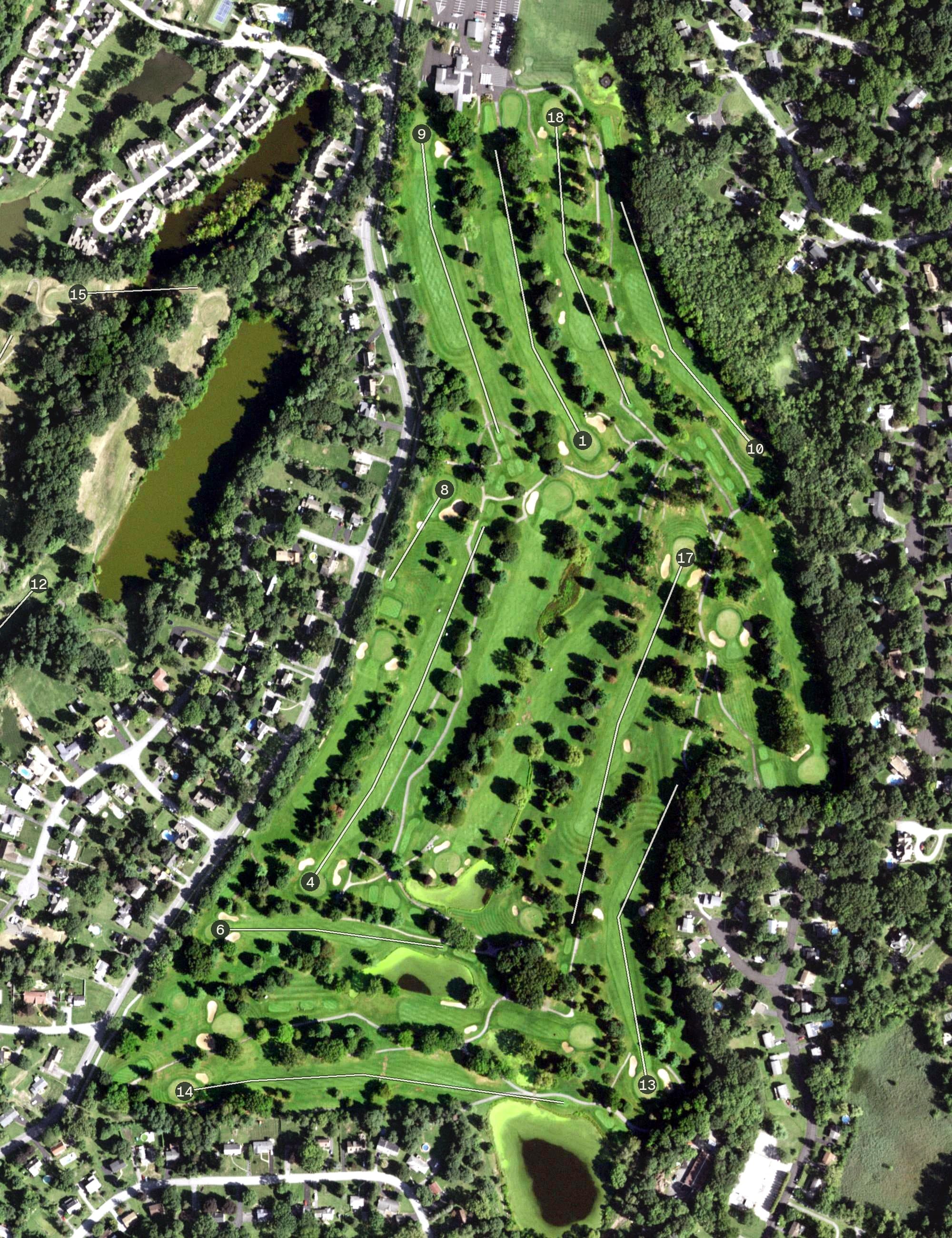 Aerial view of McCann Golf Course, NY, with its hole routing marked