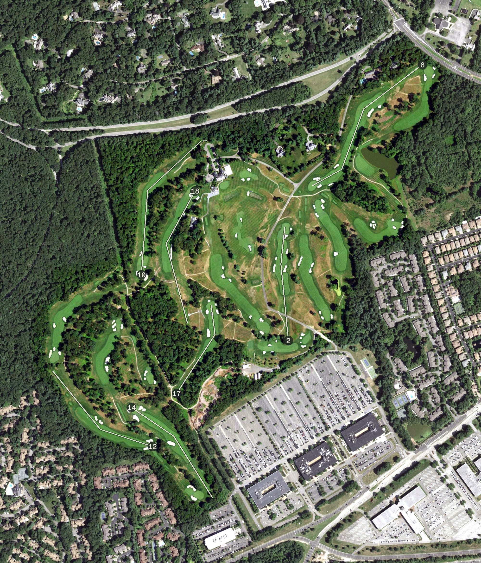 Aerial view of Meadow Brook Club, NY, with its hole routing marked