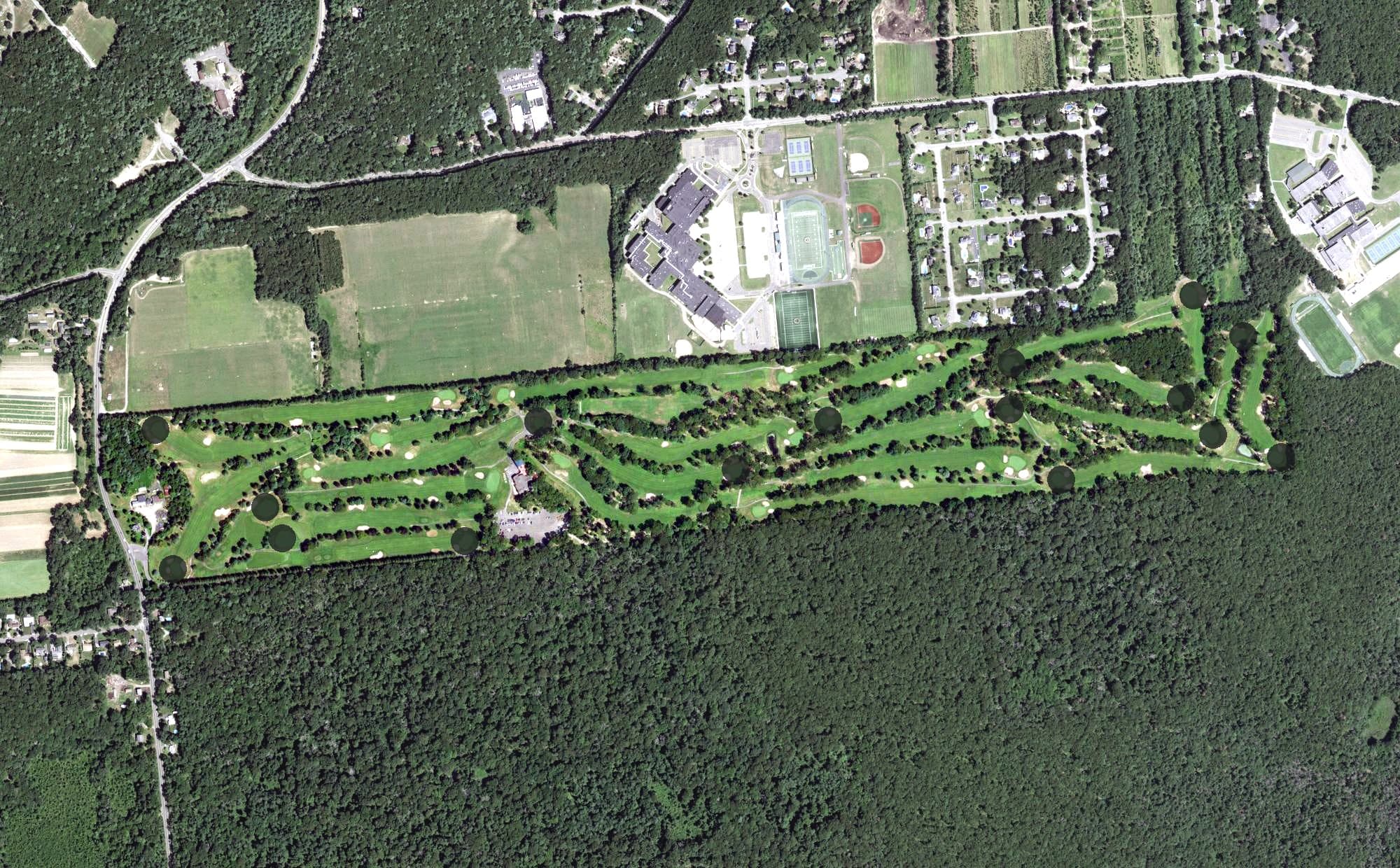 Aerial view of Middle Island Country Club, NY, with its hole routing marked