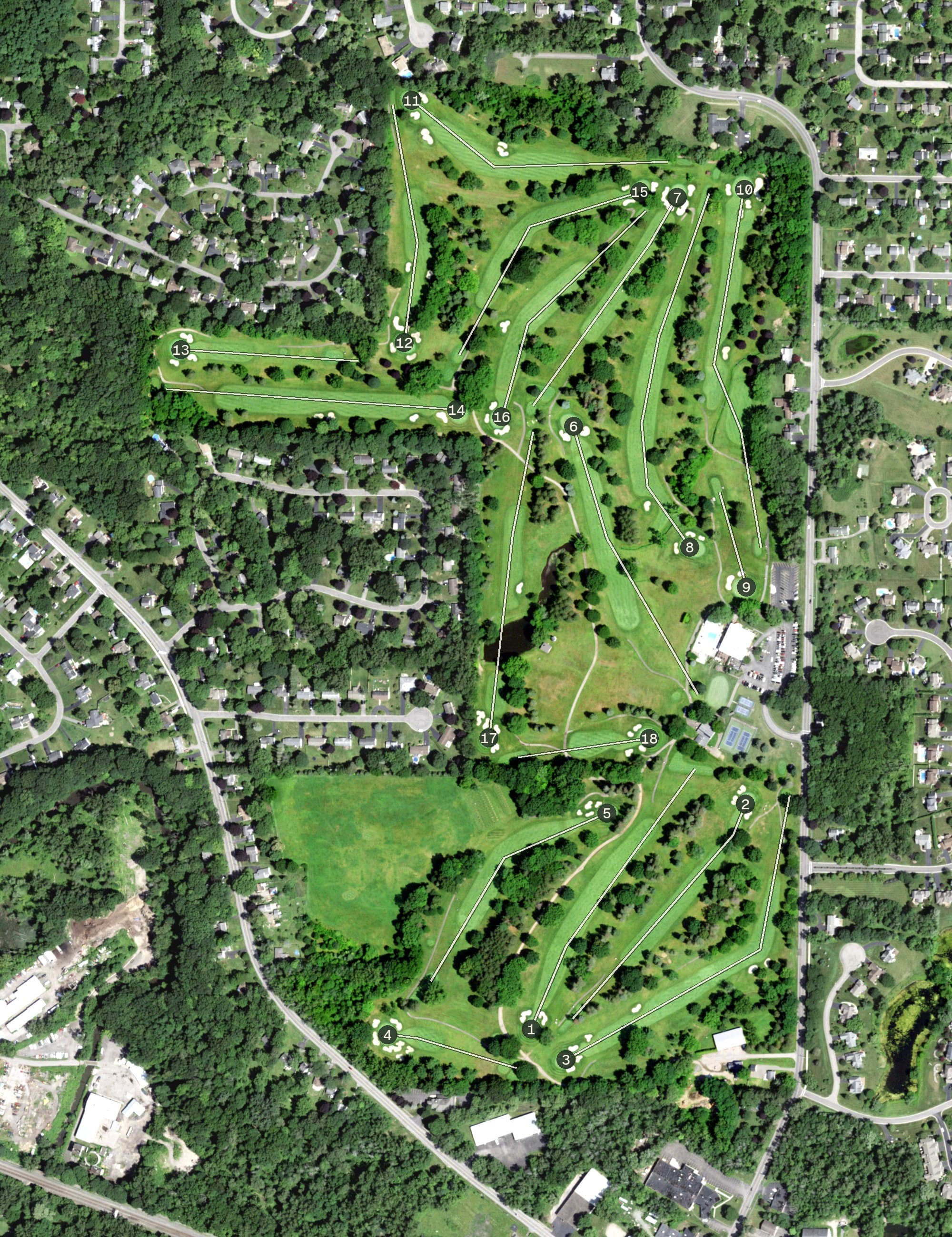 Aerial view of Midvale Country Club, NY, with its hole routing marked