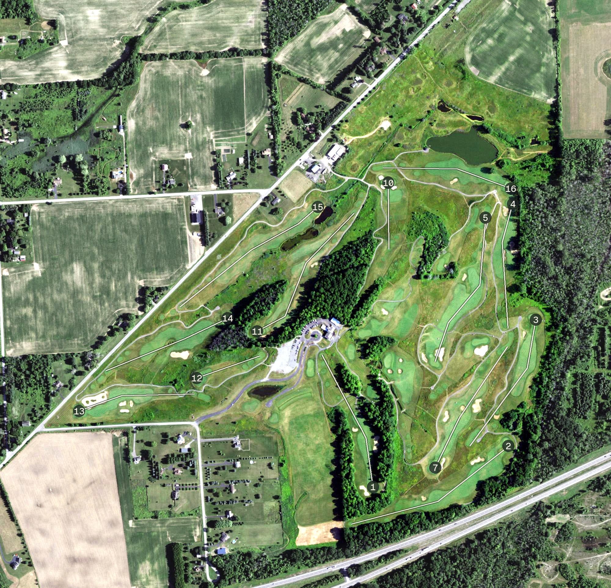 Aerial view of Mill Creek Golf Club, NY, with its hole routing marked