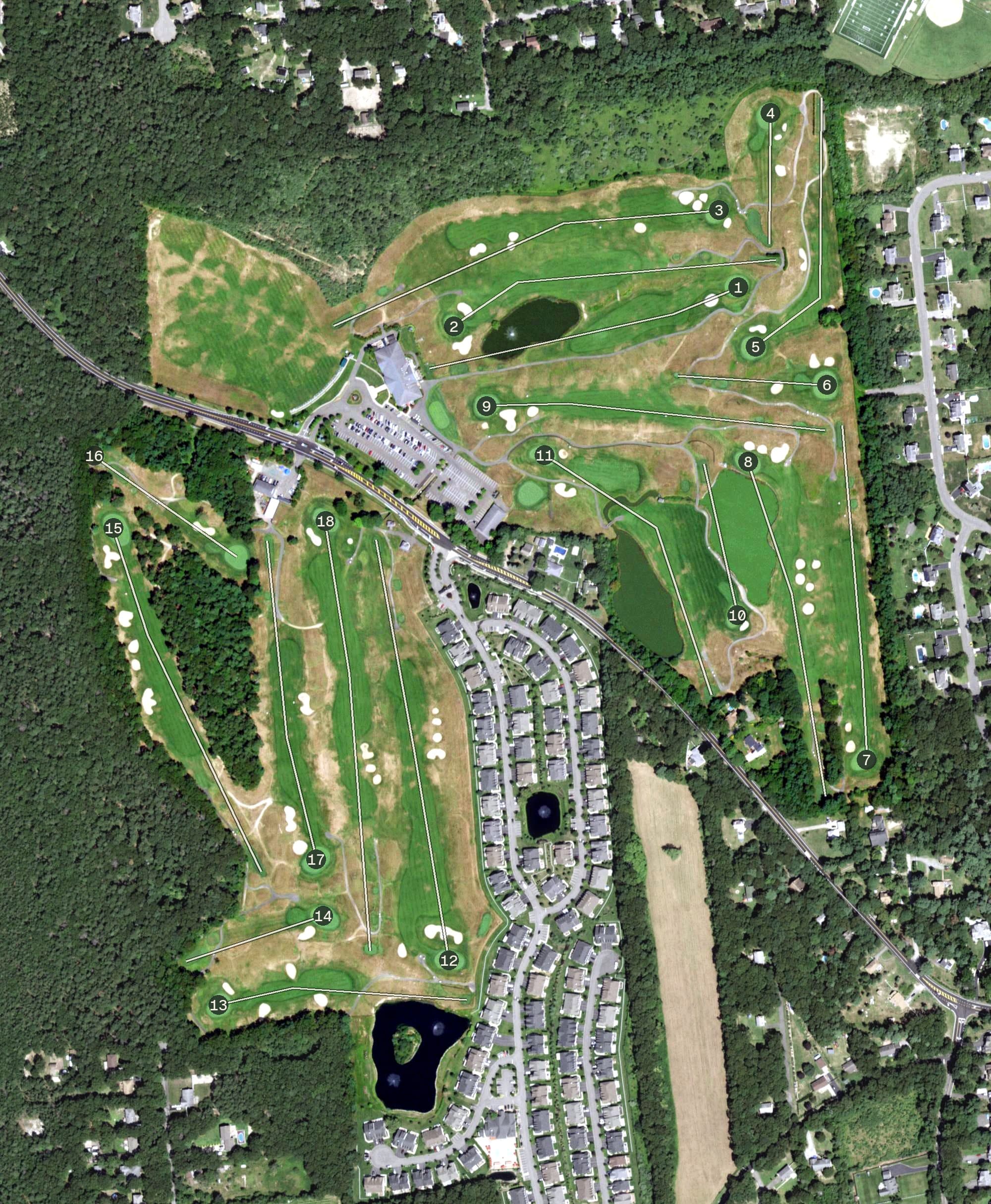 Aerial view of Mill Pond Golf Course, NY, with its hole routing marked