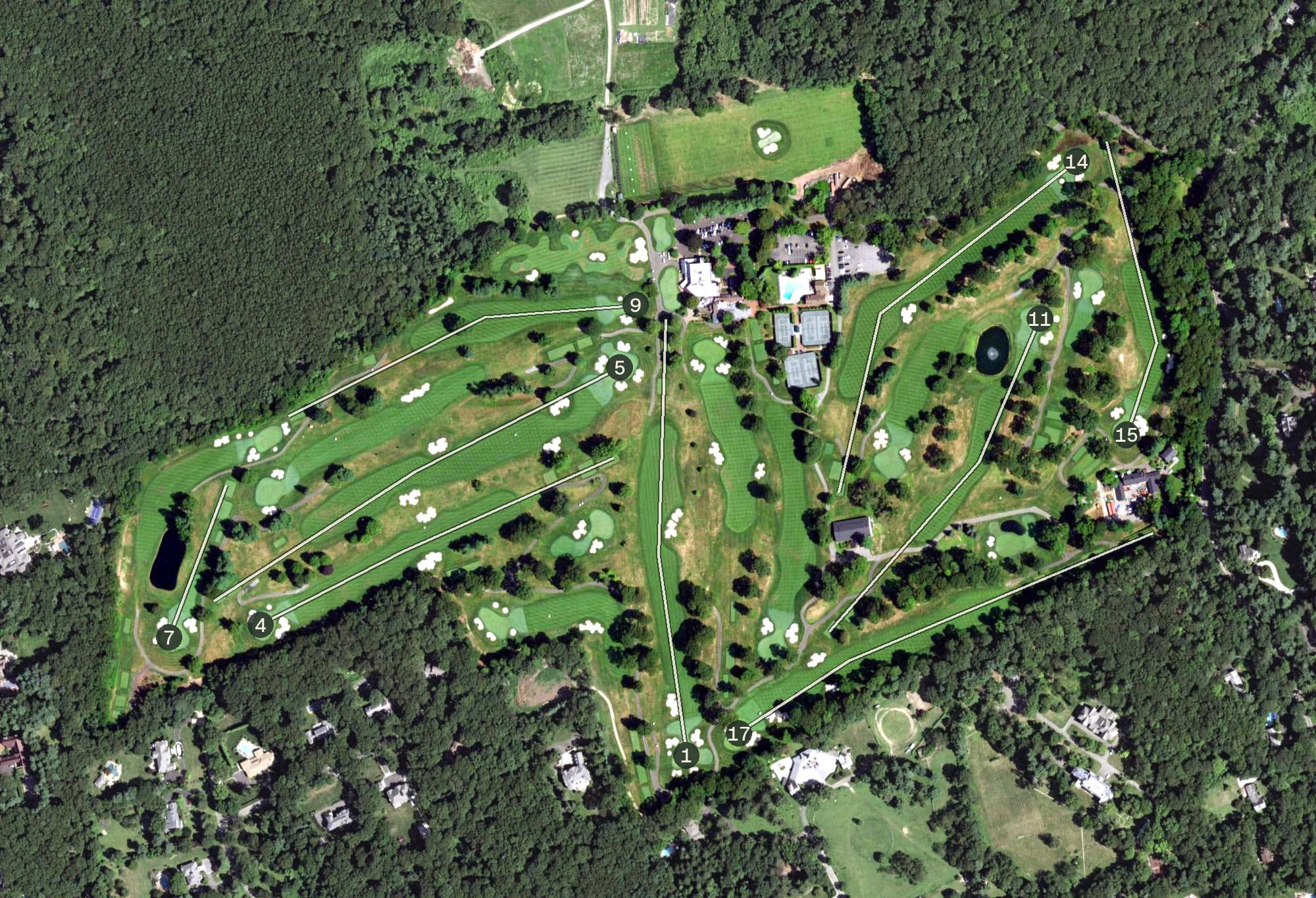 Aerial view of Mill River Country Club, NY, with its hole routing marked