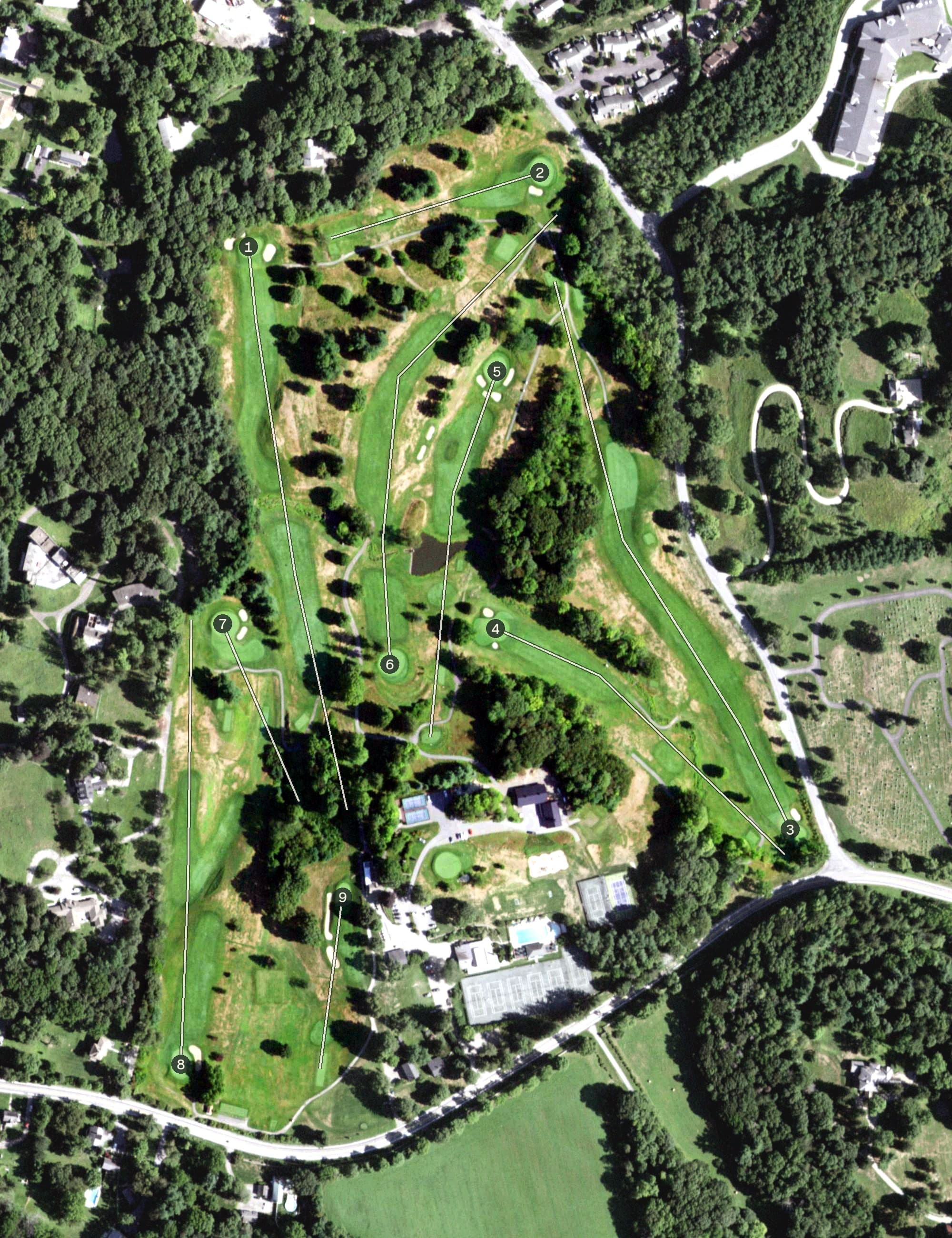 Aerial view of Millbrook Golf & Tennis Club, NY, with its hole routing marked