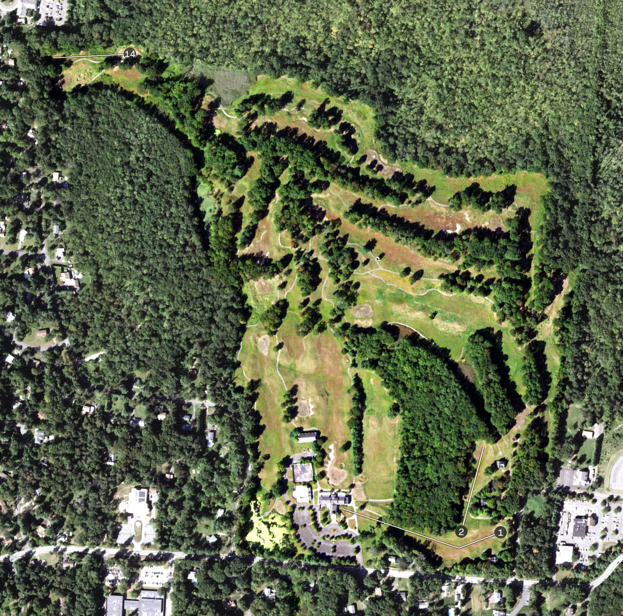 Aerial view of Minisceongo Golf Club, NY, with its hole routing marked