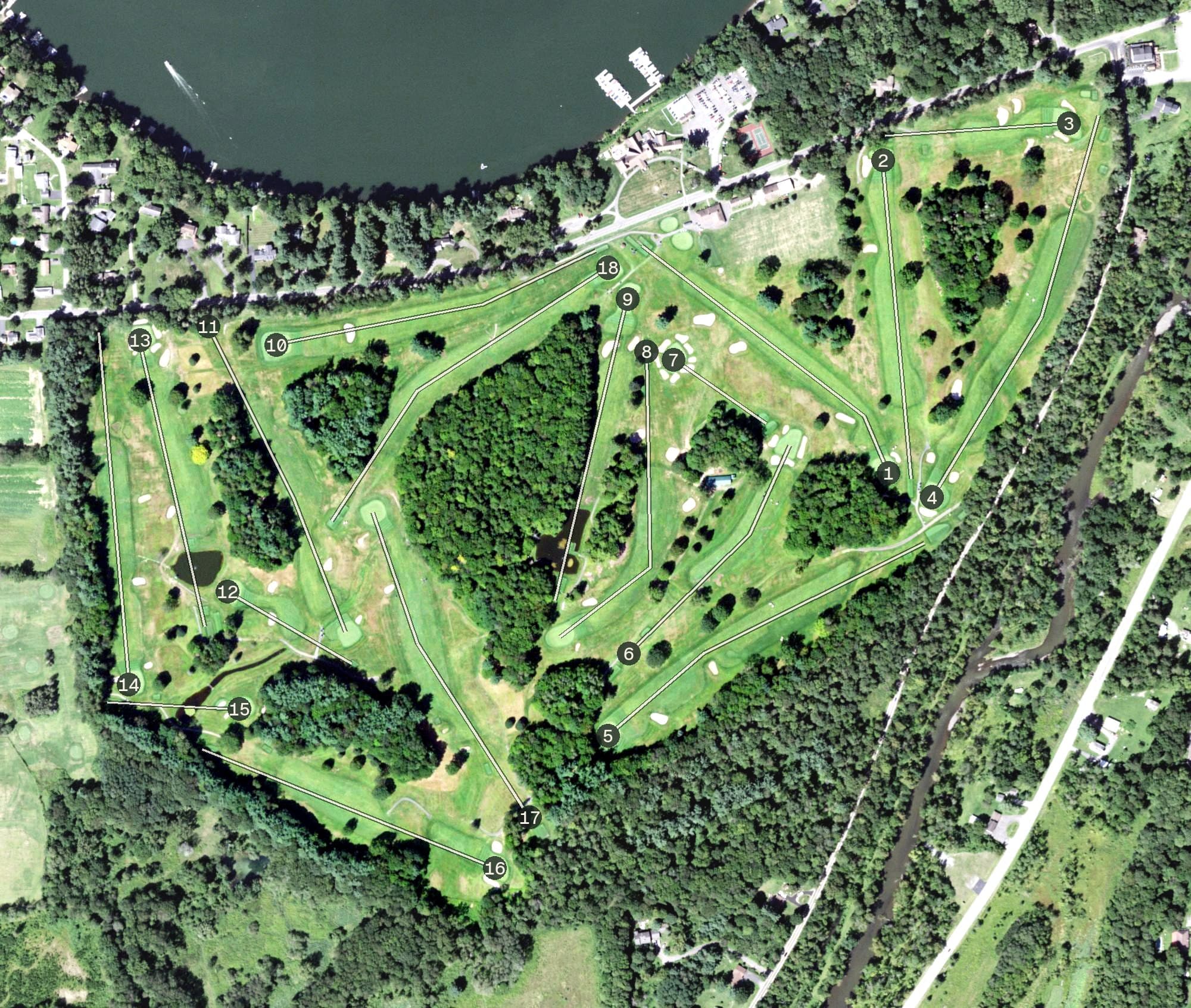 Aerial view of Mohawk Glen Golf Course, NY, with its hole routing marked
