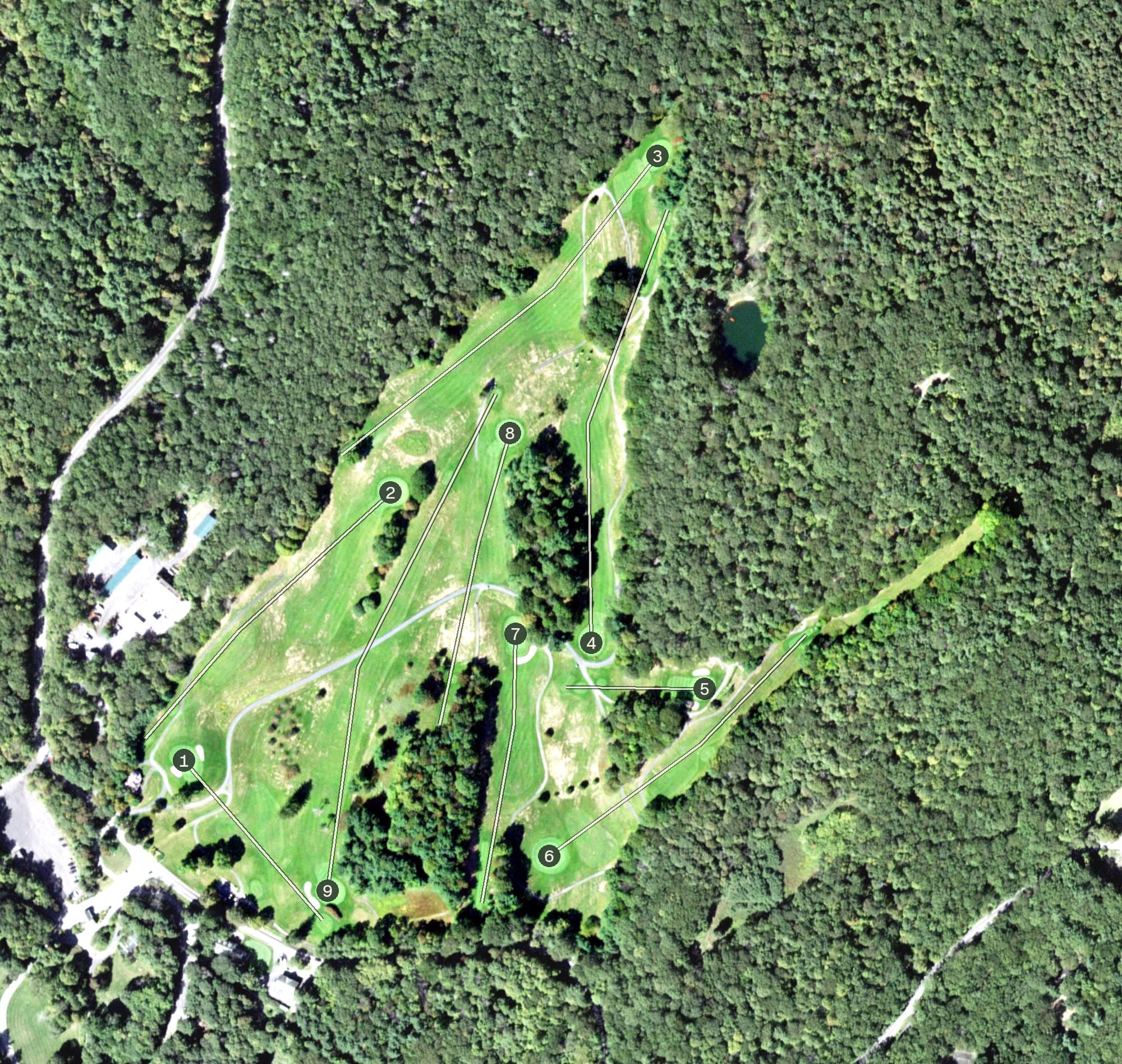 Aerial view of Mohonk Golf Course, NY, with its hole routing marked