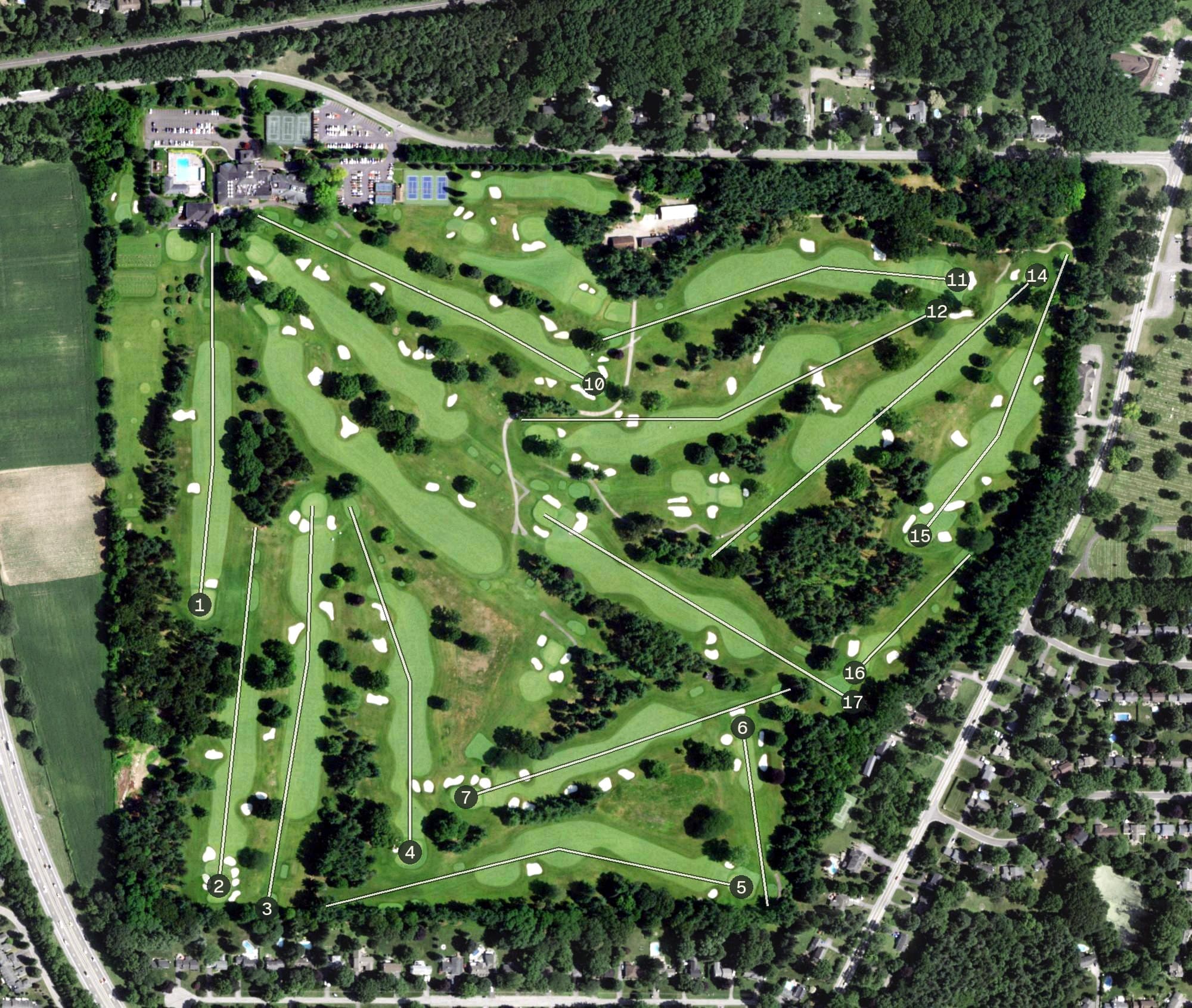 Aerial view of Monroe Golf Club, NY, with its hole routing marked