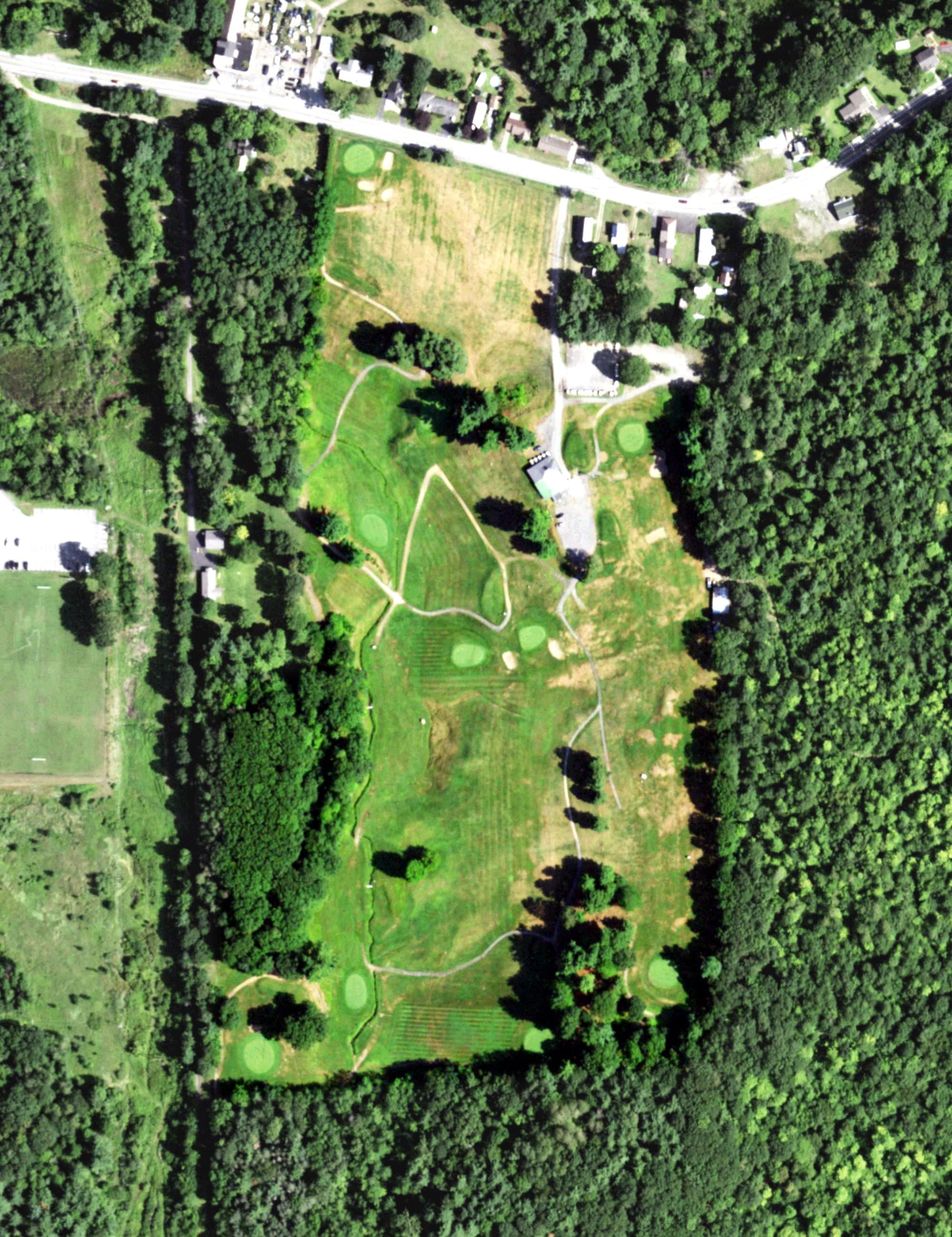 Aerial view of Moriah Country Club, NY, with its hole routing marked