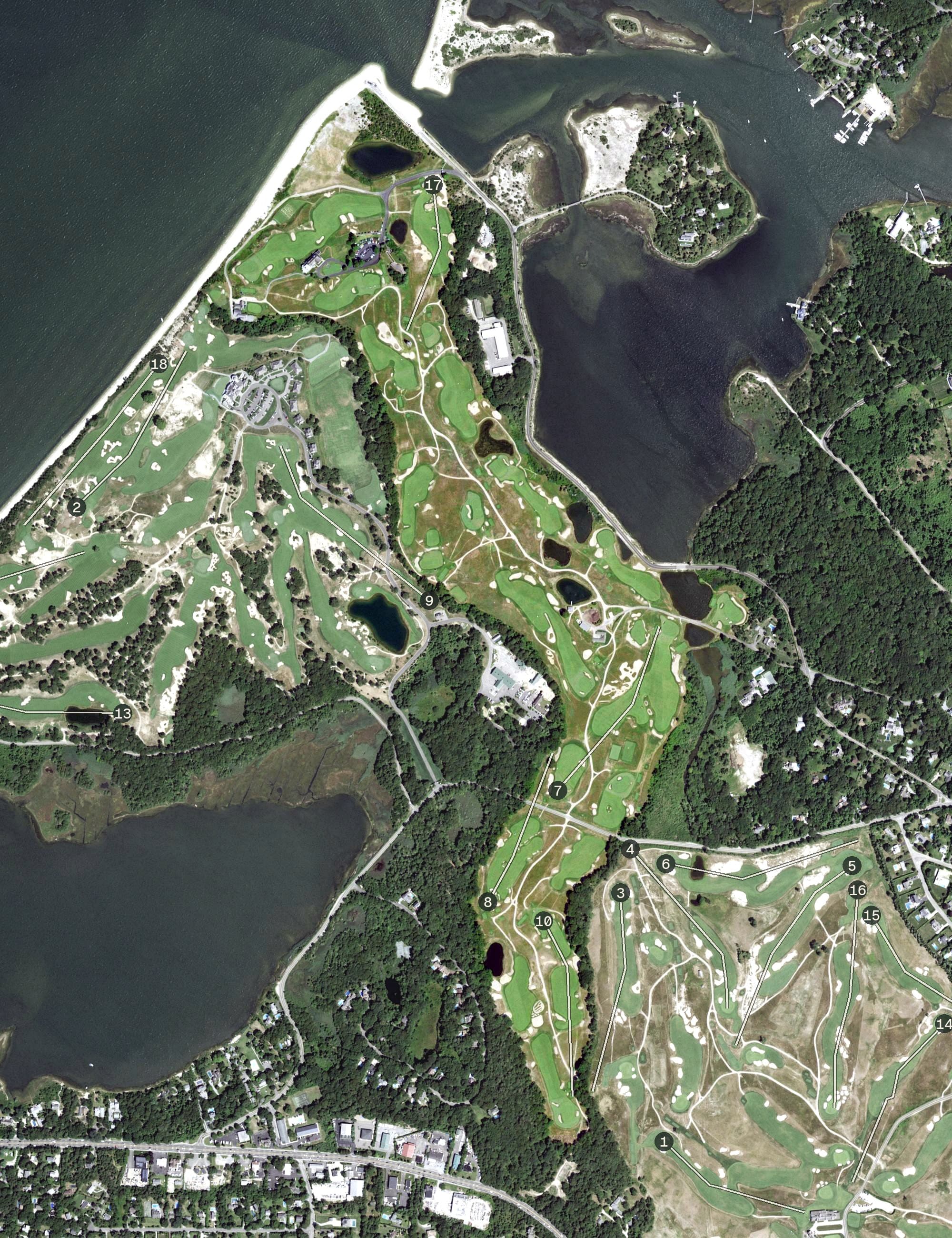 Aerial view of National Golf Links of America, NY, with its hole routing marked