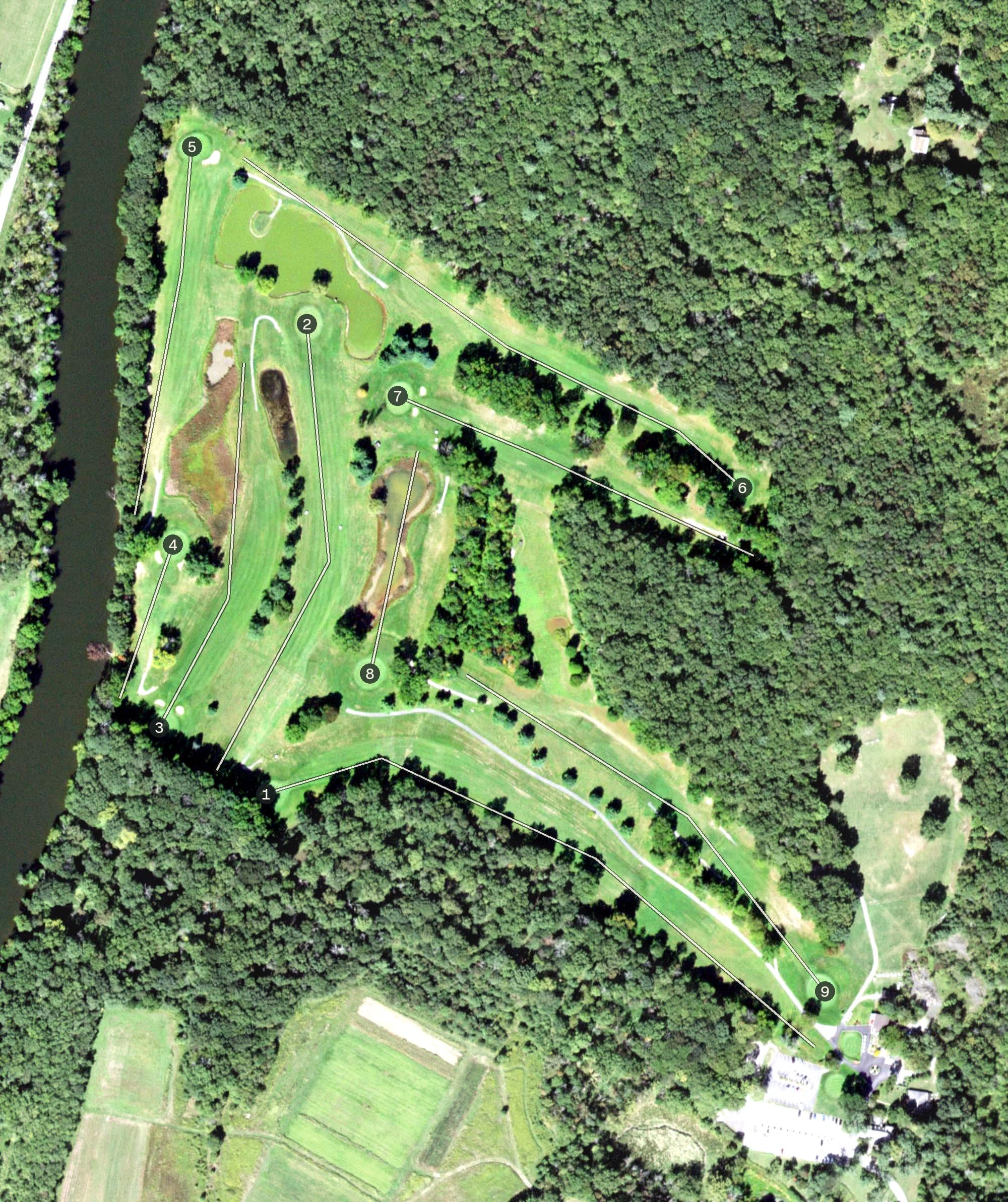 Aerial view of New Paltz Golf Course, NY, with its hole routing marked