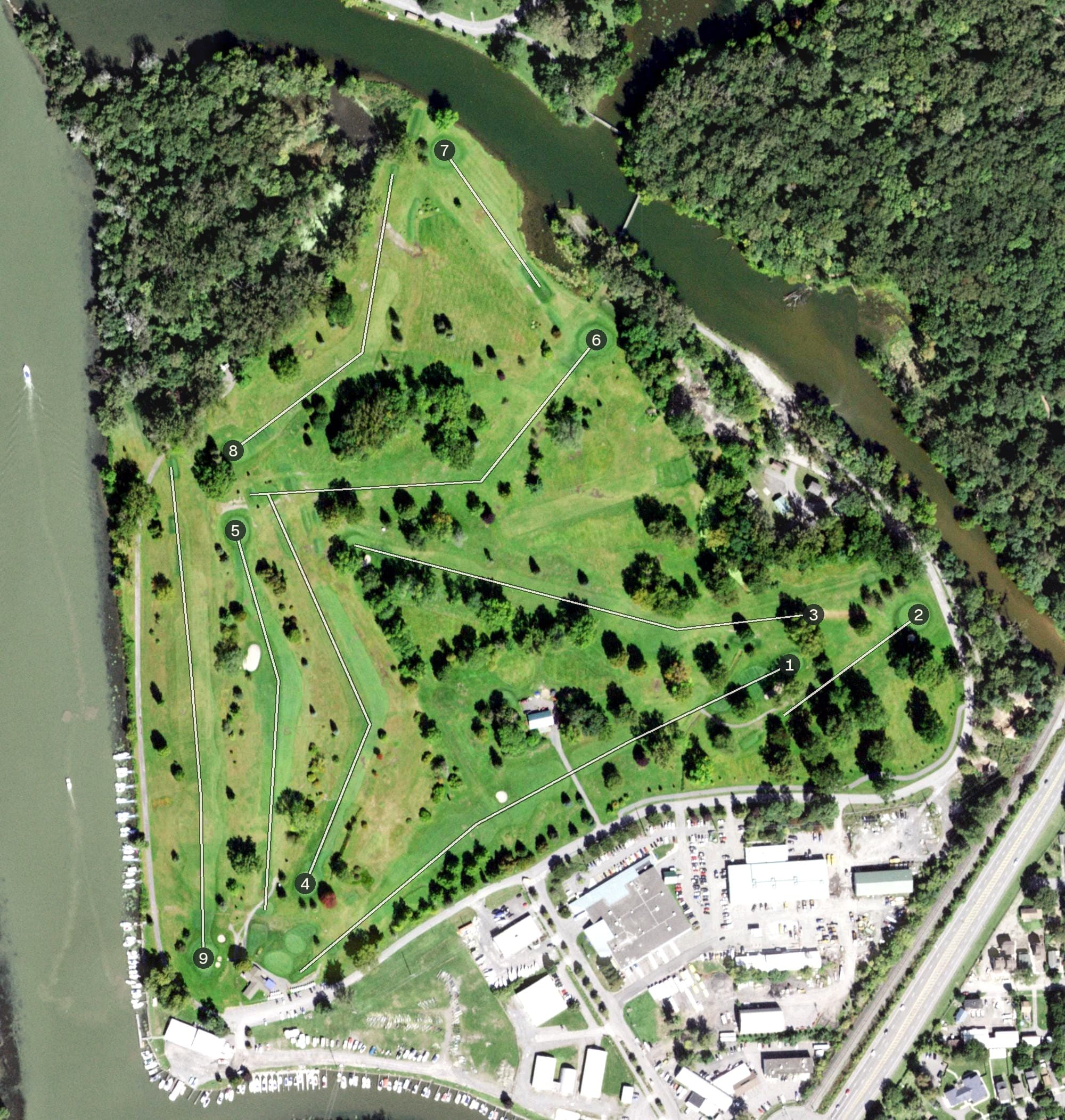 Aerial view of Newman Municipal Golf Course, NY, with its hole routing marked