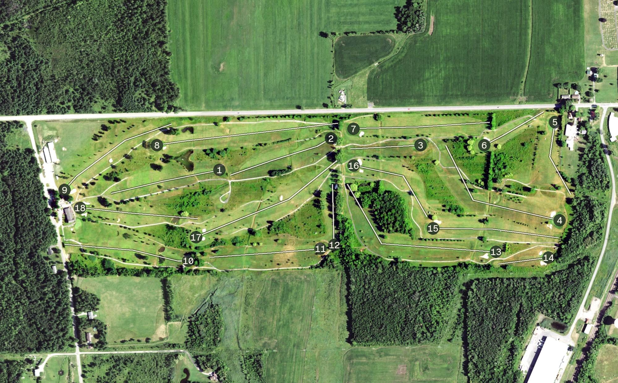 Aerial view of North Country Golf Club, NY, with its hole routing marked