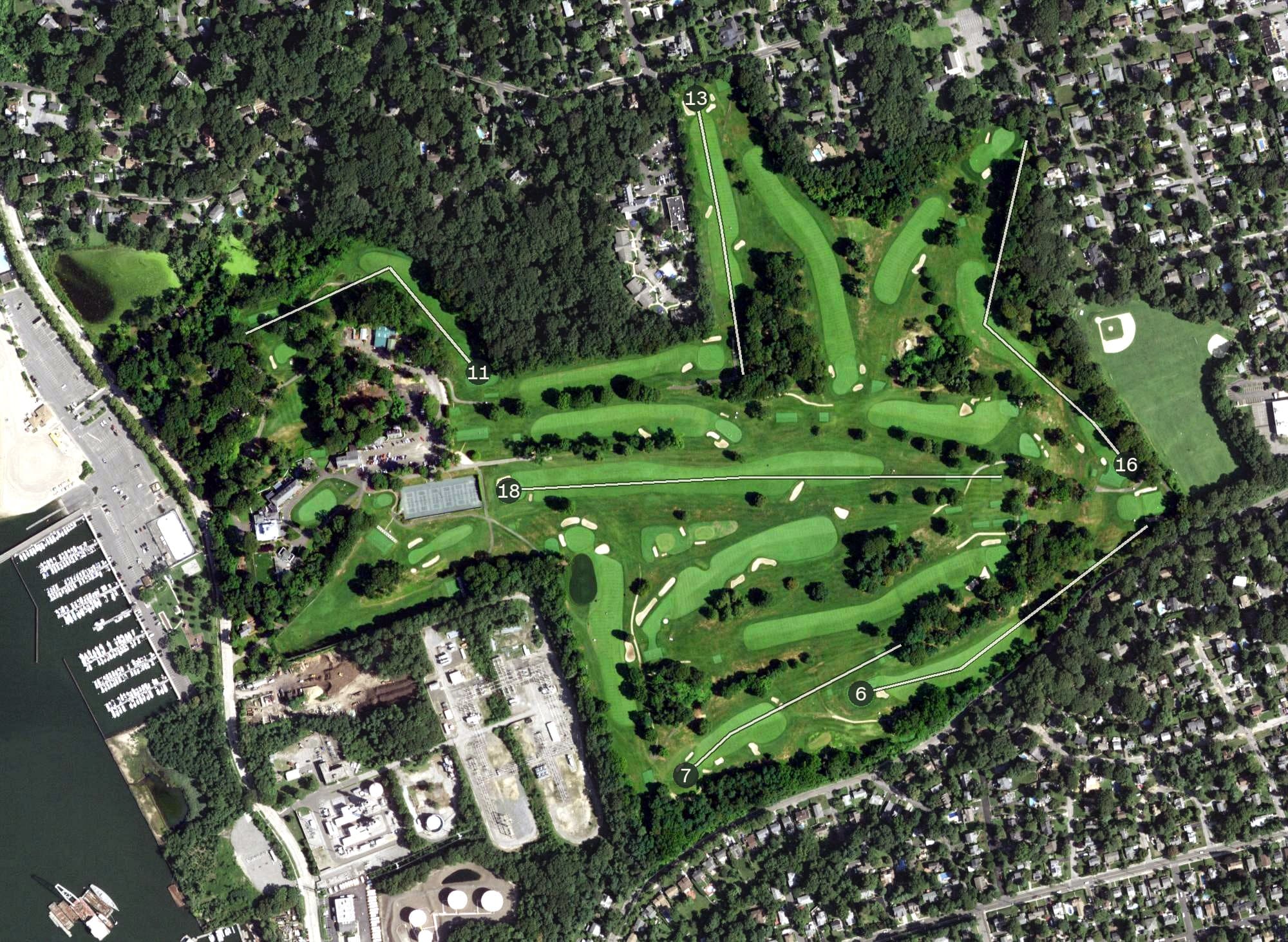 Aerial view of North Shore Country Club, NY, with its hole routing marked
