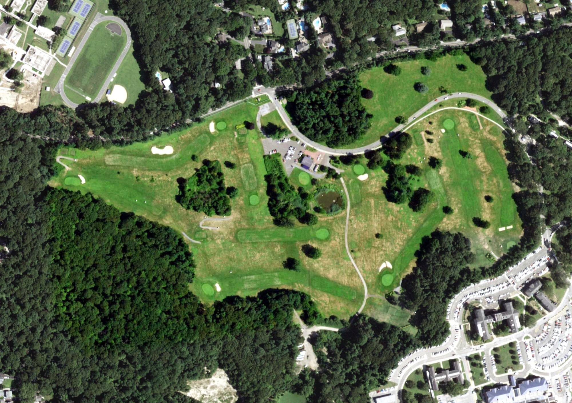 Aerial view of Northport VA Golf Course, NY, with its hole routing marked