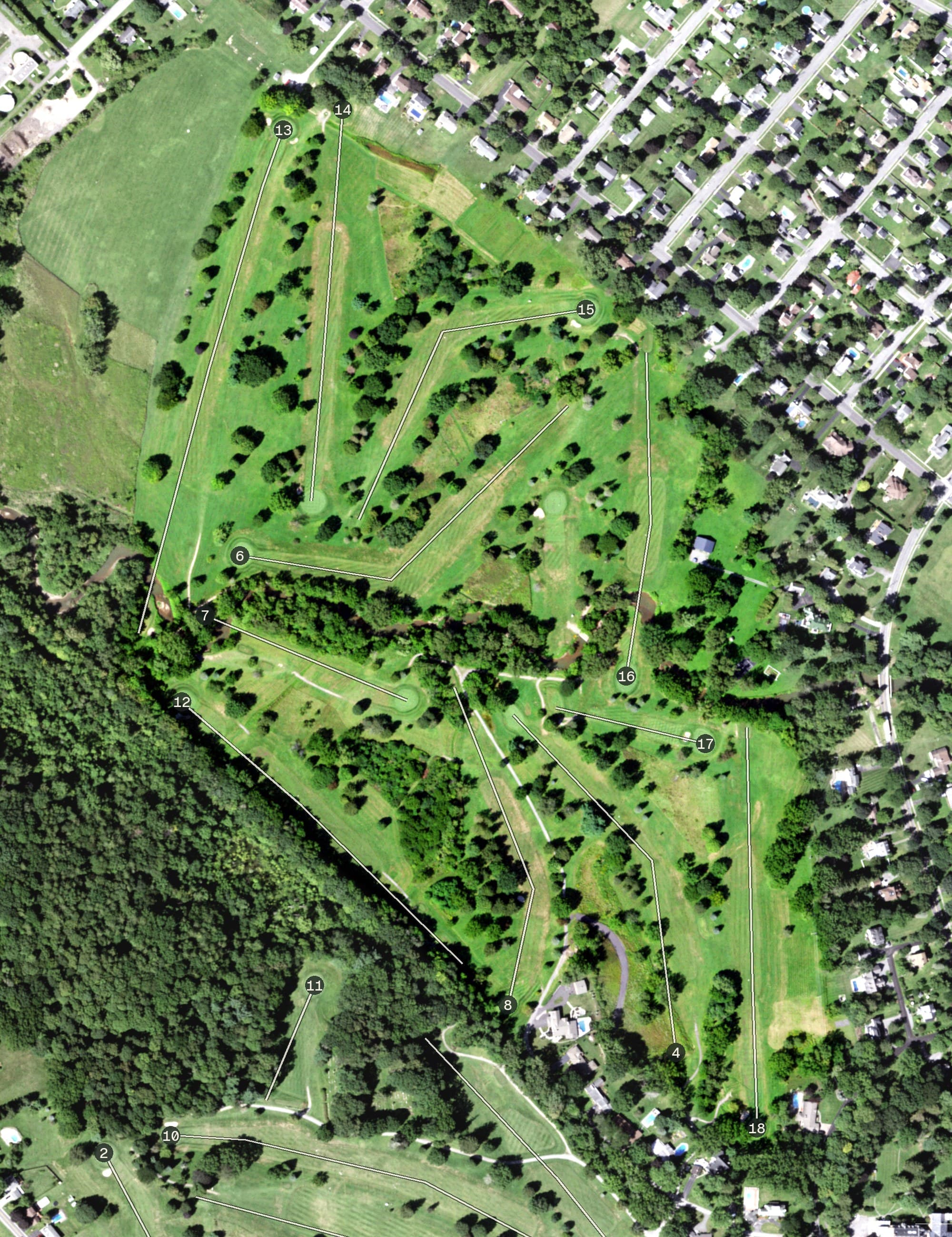 Aerial view of Oneida Community Golf Club, NY, with its hole routing marked