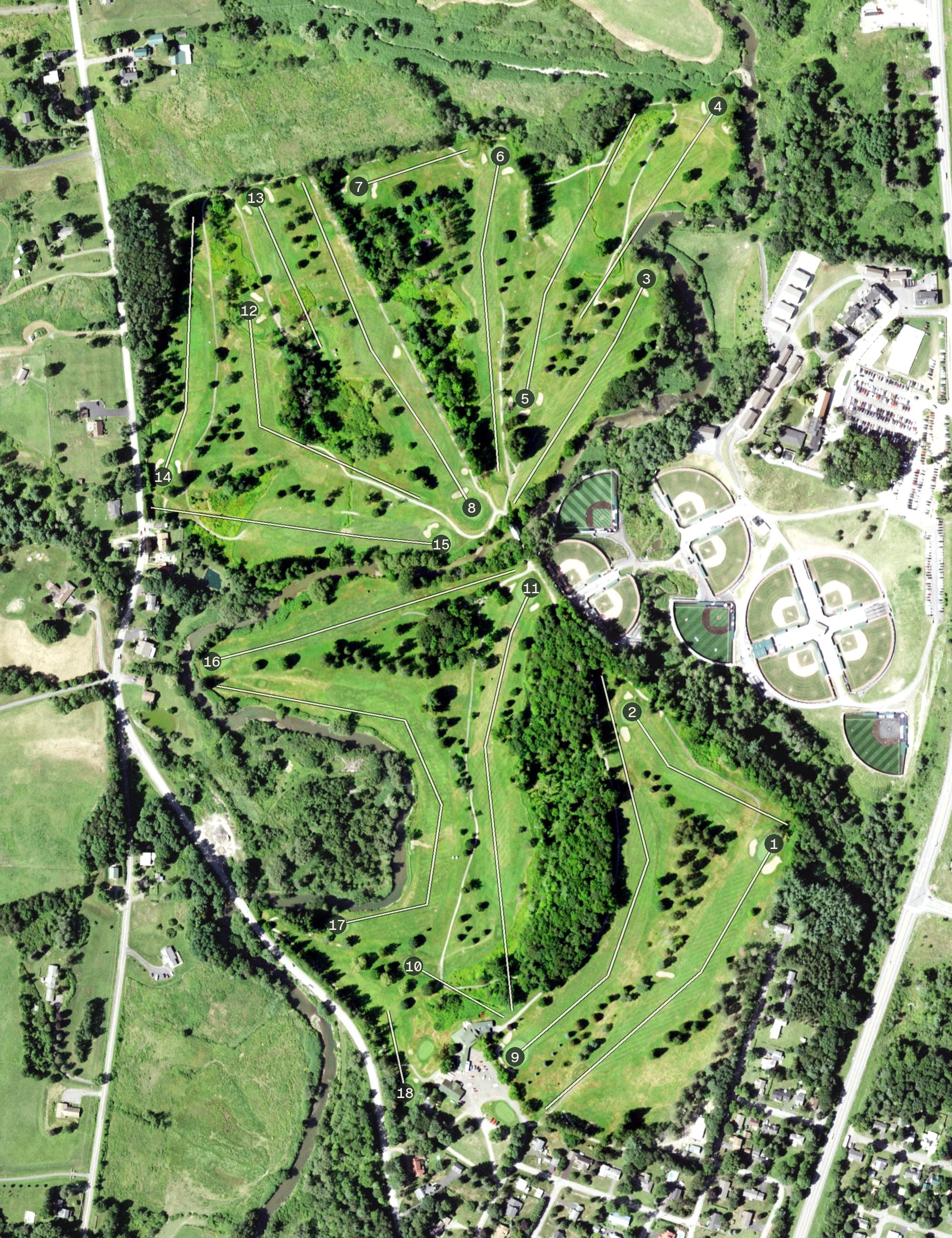 Aerial view of Oneonta Country Club, NY, with its hole routing marked