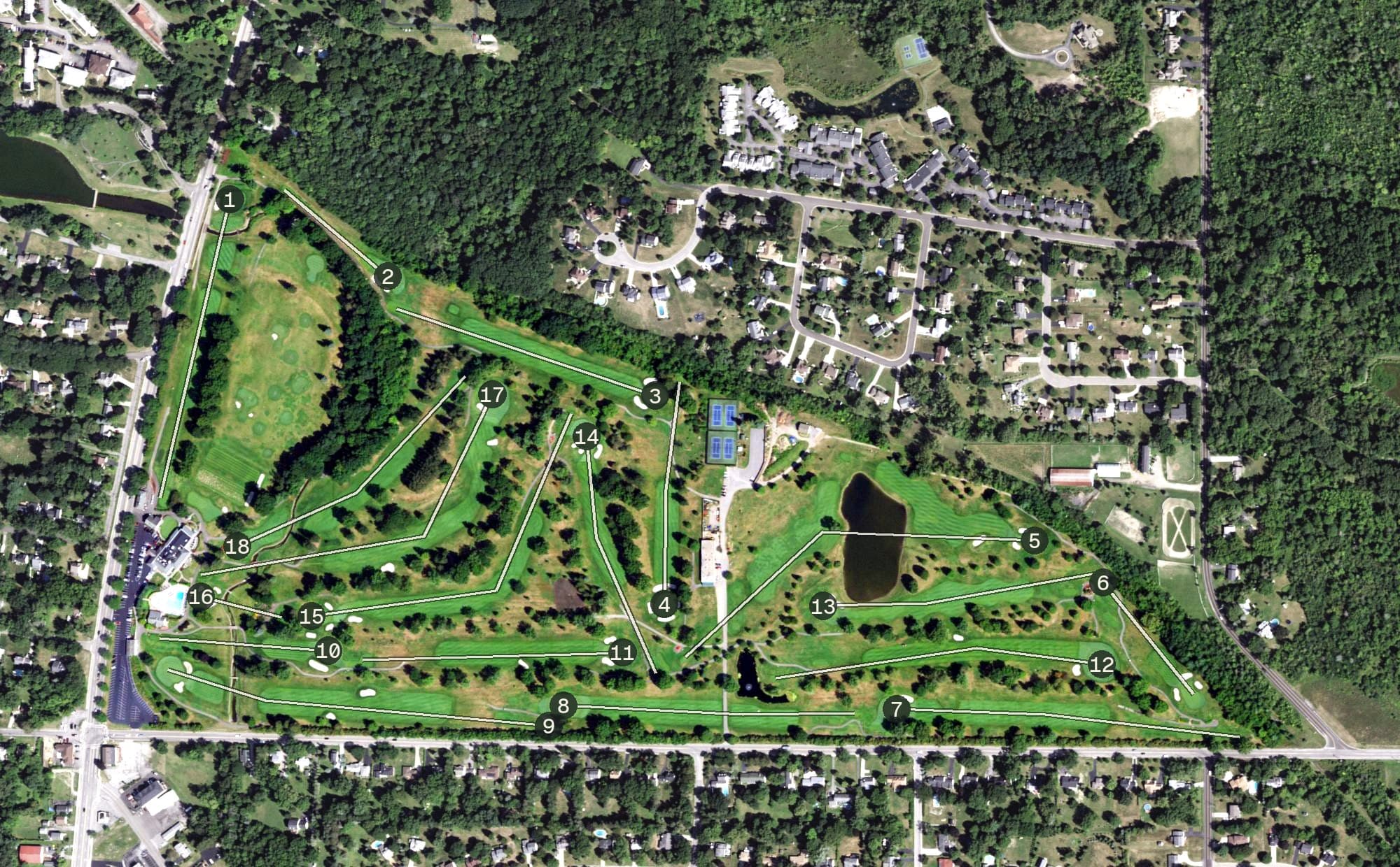Aerial view of Orchard Park Country Club, NY, with its hole routing marked