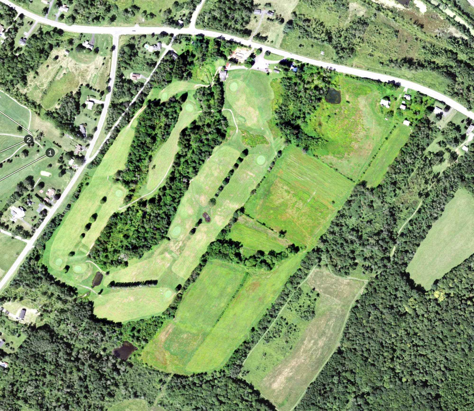 Aerial view of Oriskany Hills Golf Club, NY, with its hole routing marked