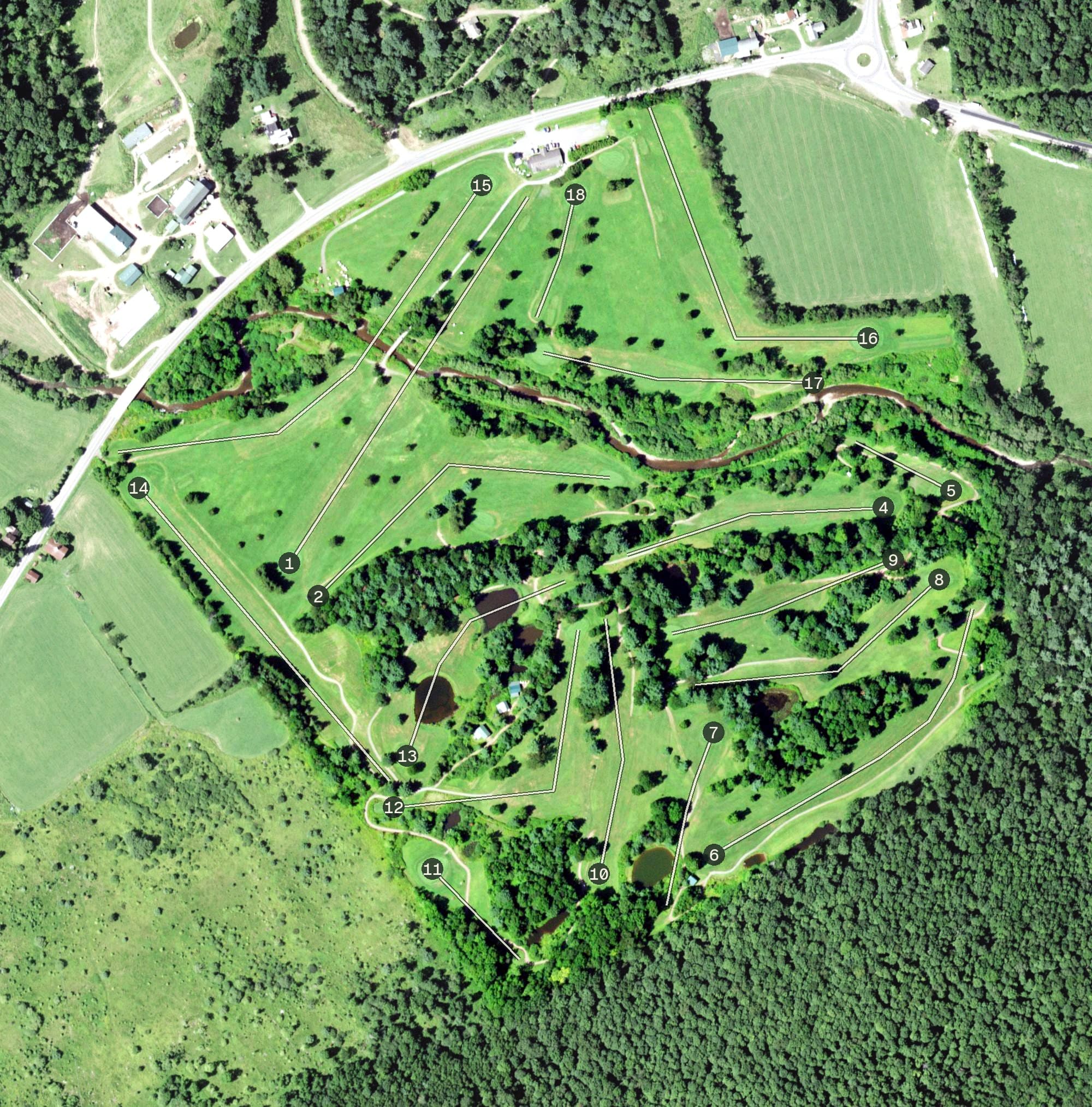 Aerial view of Ouelout Creek Golf Course, NY, with its hole routing marked