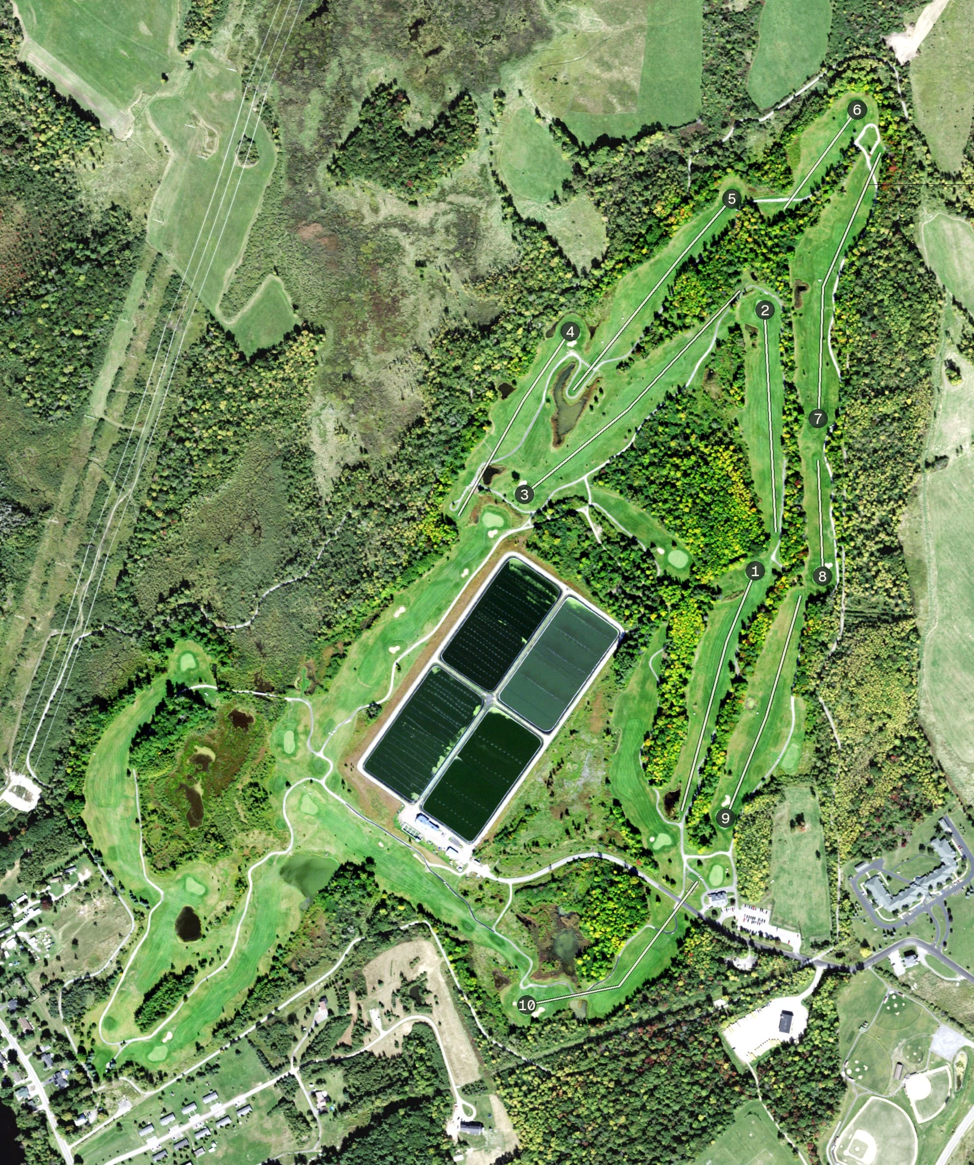 Aerial view of Partridge Run Golf & Country Club, NY, with its hole routing marked
